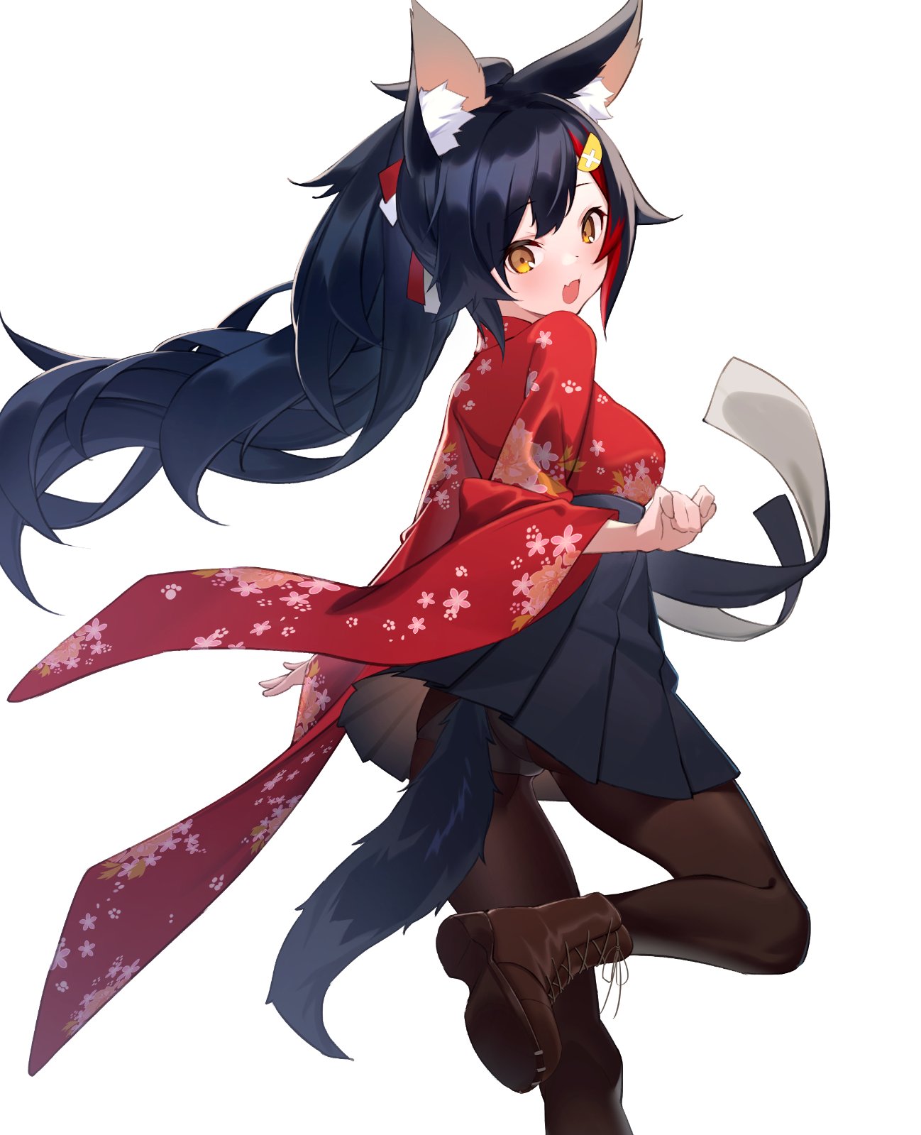 1girl :d animal_ear_fluff animal_ears bangs black_hair black_skirt blush boots breasts brown_eyes brown_footwear brown_legwear floral_print hair_ornament hairclip high-waist_skirt highres hololive large_breasts long_hair long_sleeves looking_back multicolored_hair ninsaki_(9saki) ookami_mio panties panties_under_pantyhose pantyhose pleated_skirt ponytail print_shirt red_shirt redhead shirt simple_background skirt smile solo standing standing_on_one_leg streaked_hair tail underwear very_long_hair virtual_youtuber white_background wolf_ears wolf_girl wolf_tail