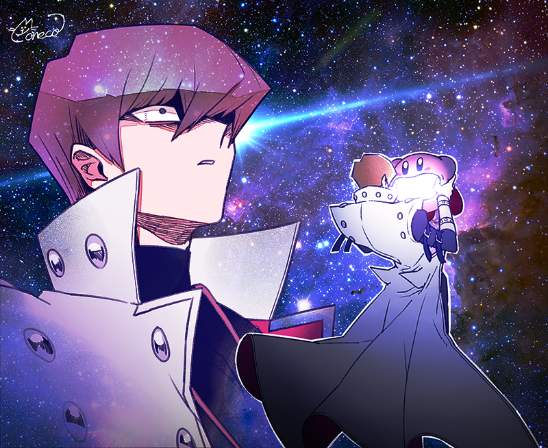 1boy blue_eyes brown_hair kaiba_seto kirby kirby_(series) light moneko open_mouth red_footwear short_hair space surprised universe yu-gi-oh!