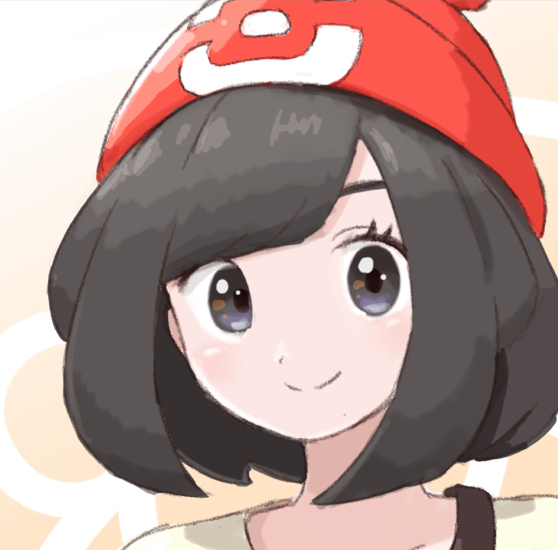 1girl aberu_(ycrr3542) bangs beanie black_hair closed_mouth commentary_request eyelashes grey_eyes hat looking_at_viewer pokemon pokemon_(game) pokemon_sm portrait red_headwear selene_(pokemon) shirt short_hair smile solo split_mouth strap yellow_shirt