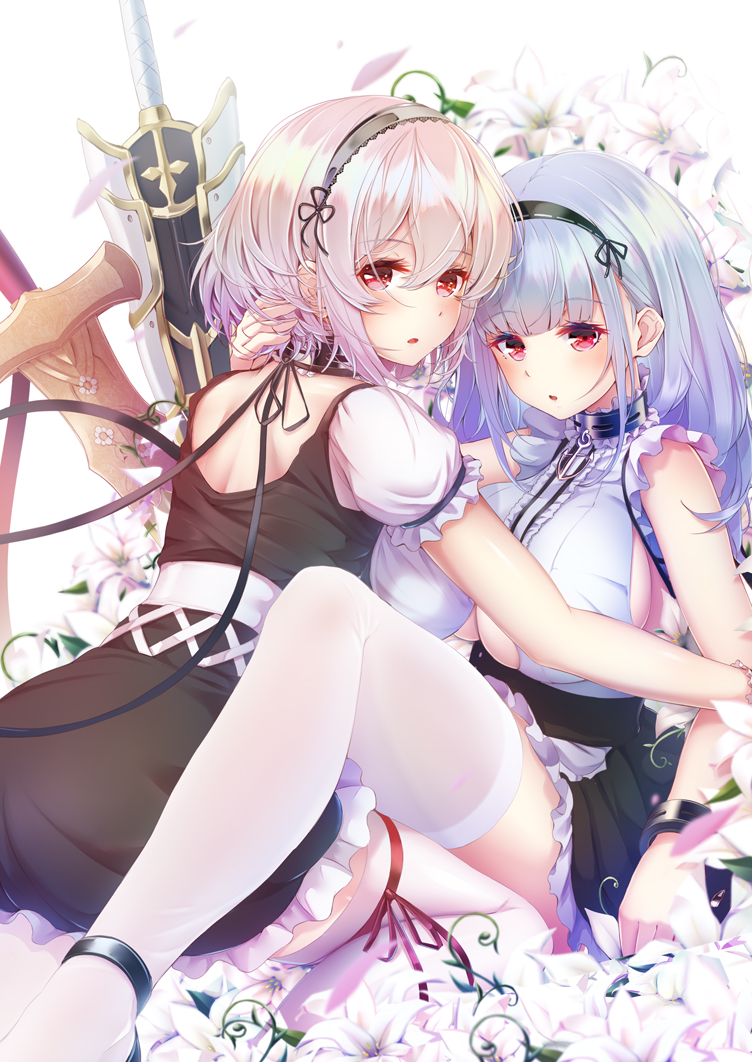 2girls anchor_choker apron azur_lane black_hairband breasts brown_dress center_frills choker clothing_cutout dido_(azur_lane) dress flower frilled_choker frills from_behind hairband imo_bouya lace-trimmed_hairband lace_trim large_breasts lily_(flower) looking_at_viewer looking_back multiple_girls puffy_short_sleeves puffy_sleeves red_eyes ribbon-trimmed_legwear ribbon_trim short_hair short_sleeves sirius_(azur_lane) sleeveless sleeveless_dress sword thigh-highs under_boob underboob_cutout waist_apron weapon white_apron white_flower white_hair white_legwear yuri