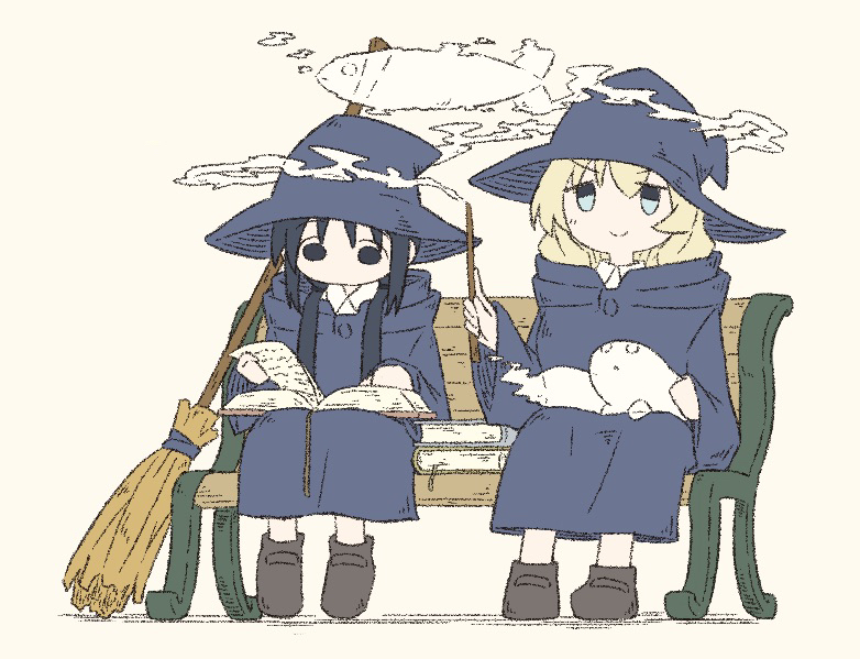 2girls alternate_costume bench black_eyes black_hair blonde_hair book book_stack broom chito_(shoujo_shuumatsu_ryokou) commentary creature fish floating full_body hat long_sleeves multiple_girls nuko_(shoujo_shuumatsu_ryokou) robe shoes shoujo_shuumatsu_ryokou simple_background smug tm_(utfp3372) wand witch witch_hat yuuri_(shoujo_shuumatsu_ryokou)