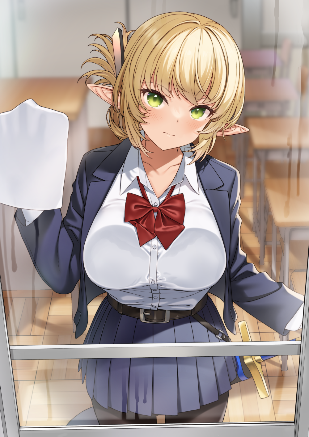 1girl aegis_(takunomi) against_glass bangs belt black_jacket black_legwear blonde_hair blue_skirt bow bowtie breast_press breasts breasts_on_glass chair classroom collarbone commentary_request desk dress_shirt elf enjo_kouhai green_eyes hair_ornament hairclip head_tilt highres jacket large_breasts light_blush long_sleeves looking_at_viewer open_clothes open_jacket pantyhose pleated_skirt pointing pointing_at_viewer pointy_ears red_bow red_bowtie scabbard school_chair school_desk sheath shirt skirt solo takunomi window wooden_floor