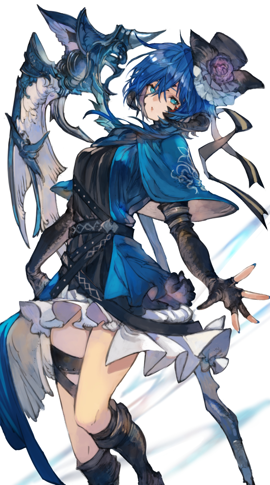 1girl :o au_ra avatar_(ff14) black_footwear black_gloves black_headwear blue_capelet blue_dress blue_eyes blue_hair blue_nails boots capelet commission dragon_horns dress elbow_gloves feet_out_of_frame final_fantasy final_fantasy_xiv fingerless_gloves flower frilled_dress frills gloves half-closed_eyes hat hat_flower highres horns kemomin_nosuke knee_boots looking_at_viewer nail_polish outstretched_hand scales short_hair_with_long_locks simple_background skeb_commission solo top_hat weapon weapon_on_back white_background