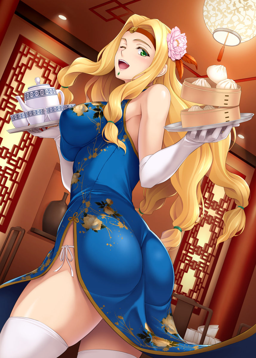 ass blonde_hair breasts china_dress chinese_clothes dress duplicate elbow_gloves fate/grand_order fate_(series) gloves green_eyes highres ishigaki_takashi large_breasts pixel-perfect_duplicate quetzalcoatl_(fate) thighs