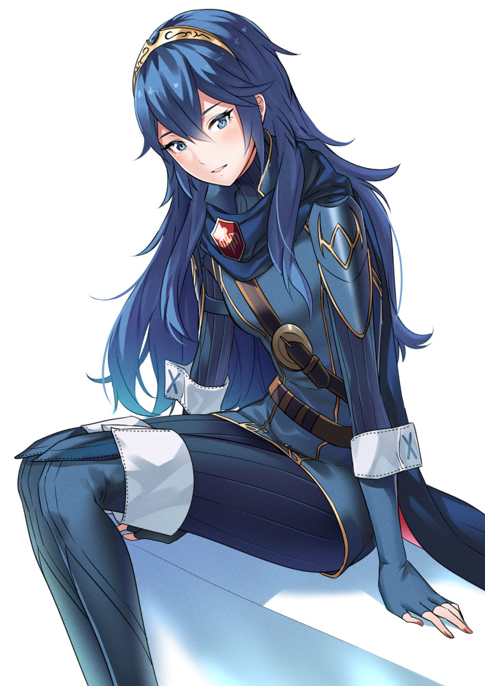 1girl ameno_(a_meno0) armor bangs belt blue_cape blue_eyes blue_gloves blue_hair blue_sweater blush brown_belt cape fingerless_gloves fire_emblem fire_emblem_awakening gloves grin hair_between_eyes head_tilt lips long_hair long_sleeves looking_at_viewer lucina_(fire_emblem) pink_lips ribbed_sweater shoulder_armor sitting smile solo sweater symbol-shaped_pupils tiara white_background