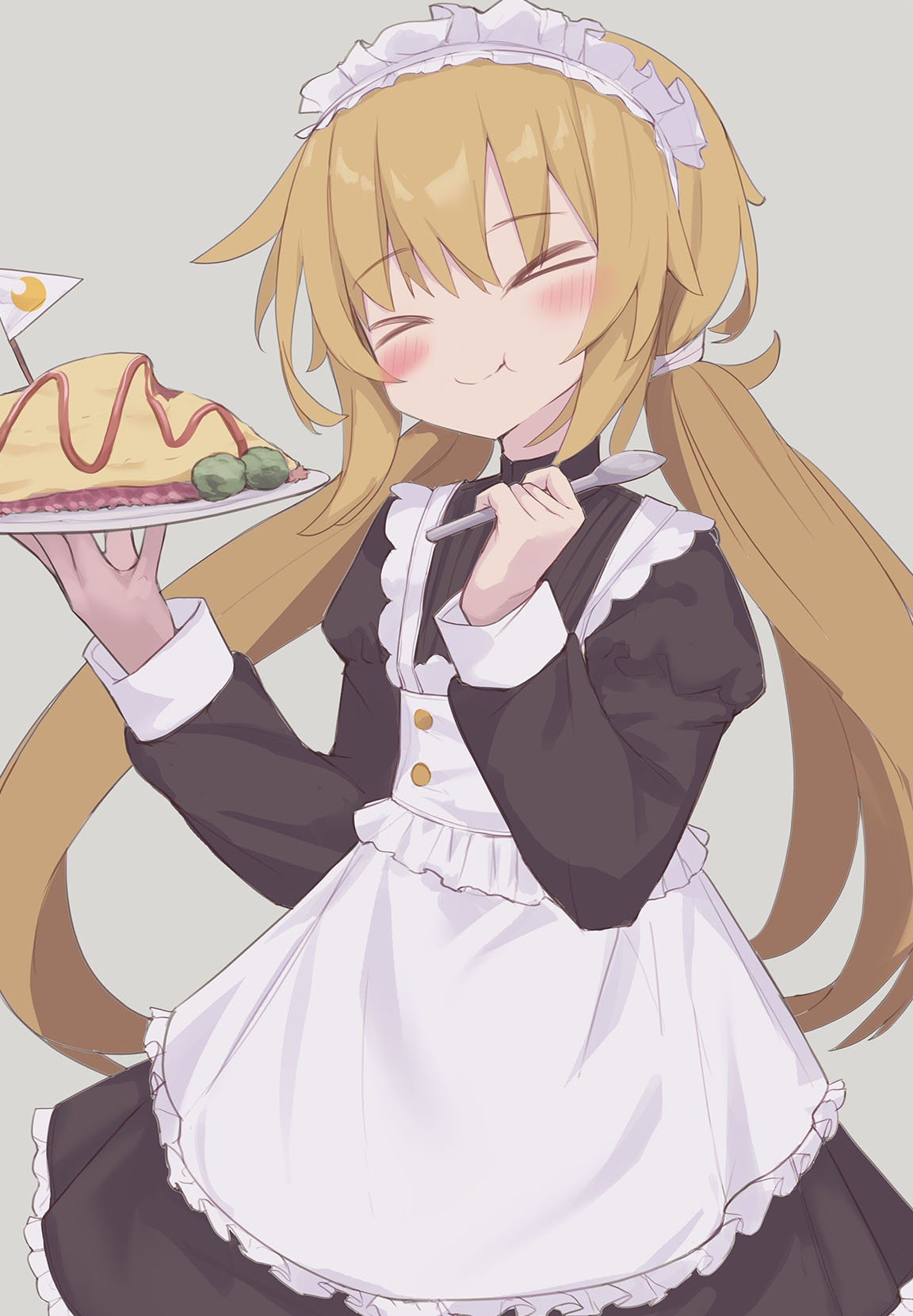 &gt;_&lt; 1girl alternate_costume apron black_dress blonde_hair blush closed_mouth dress enmaided eyebrows_visible_through_hair food grey_background hair_between_eyes highres holding holding_plate holding_spoon kantai_collection logiclr long_sleeves low_twintails maid maid_apron maid_headdress omurice plate satsuki_(kancolle) simple_background smile solo spoon twintails white_apron