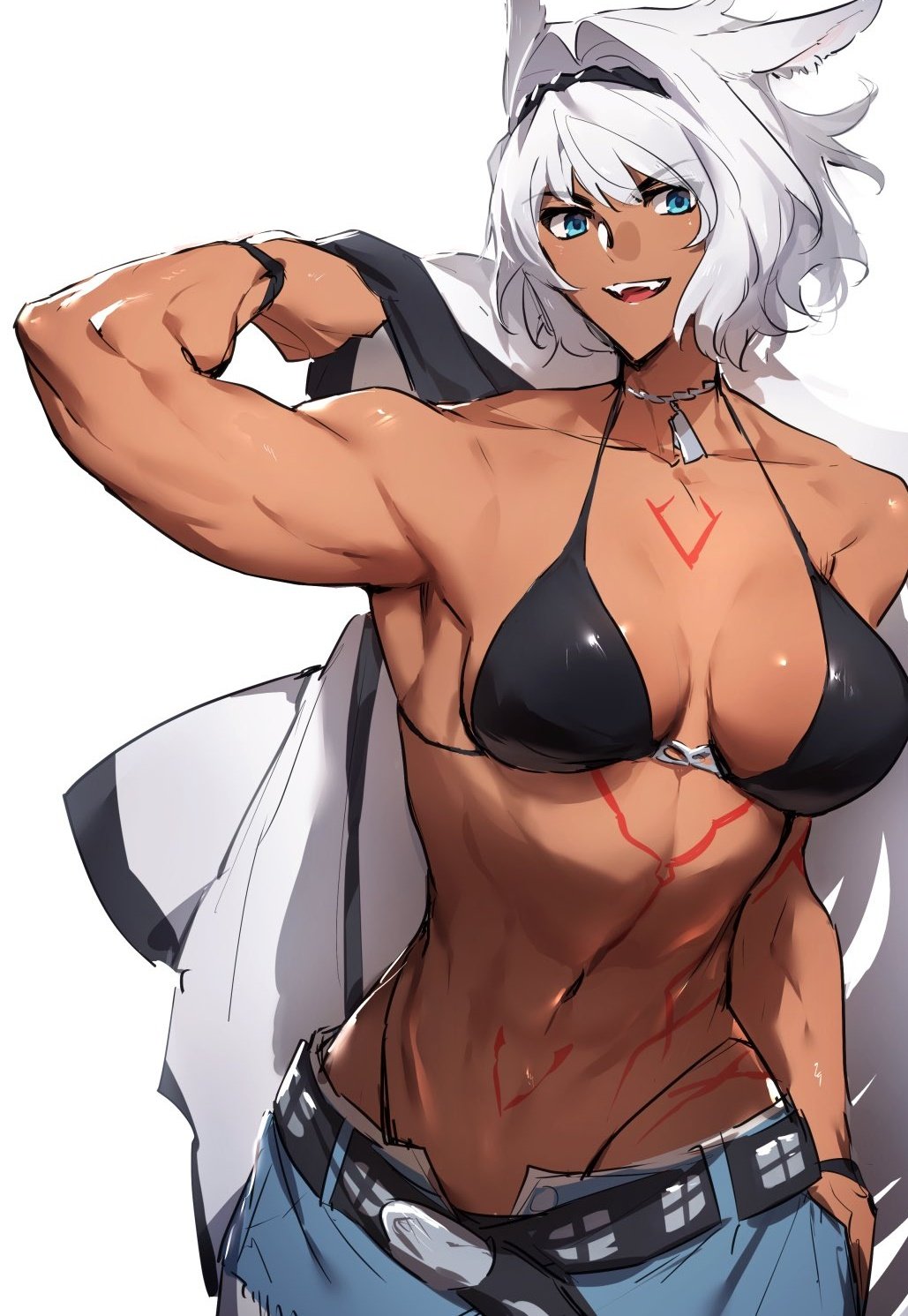 1girl abs animal_ears armpits bangs belt bikini black_belt black_bikini body_markings breasts caenis_(fate) caenis_(swimsuit_rider)_(fate) collarbone dark-skinned_female dark_skin denim denim_shorts dog_tags fate/grand_order fate_(series) hair_intakes hairband highleg highleg_bikini highres hip_focus holding holding_clothes holding_jacket jacket jacket_removed large_breasts long_sleeves looking_at_viewer muscular muscular_female sabamori shiny shiny_hair shiny_skin short_hair shorts sideways_glance simple_background sketch smile solo studded_belt swimsuit teeth white_background white_hair wind wristband