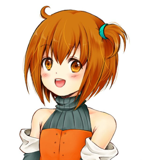 1girl aine_(hoshi_wo_miru_hito) bare_shoulders hair_bobbles hair_ornament hoshi_wo_miru_hito one_side_up open_mouth orange_hair short_hair smile solo upper_body