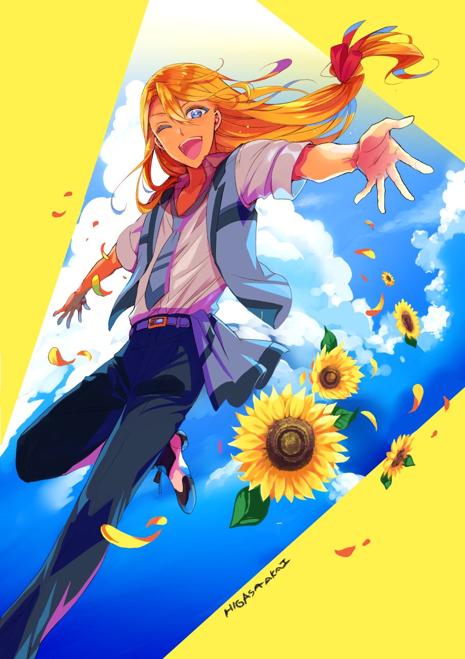 1boy ;d alternate_costume artist_name belt black_pants blonde_hair blue_belt blue_eyes blue_necktie blue_sky blue_vest collared_shirt falling_petals floating_hair flower foot_out_of_frame hair_ribbon higasarosso highres leg_up licht_von_granzreich long_hair looking_at_viewer loose_necktie low-tied_long_hair male_focus necktie one_eye_closed open_clothes open_collar open_vest oushitsu_kyoushi_heine outstretched_arms pants petals red_ribbon ribbon saddle_shoes shirt shoes short_sleeves sky smile solo spread_arms sunflower teeth upper_teeth vest white_shirt