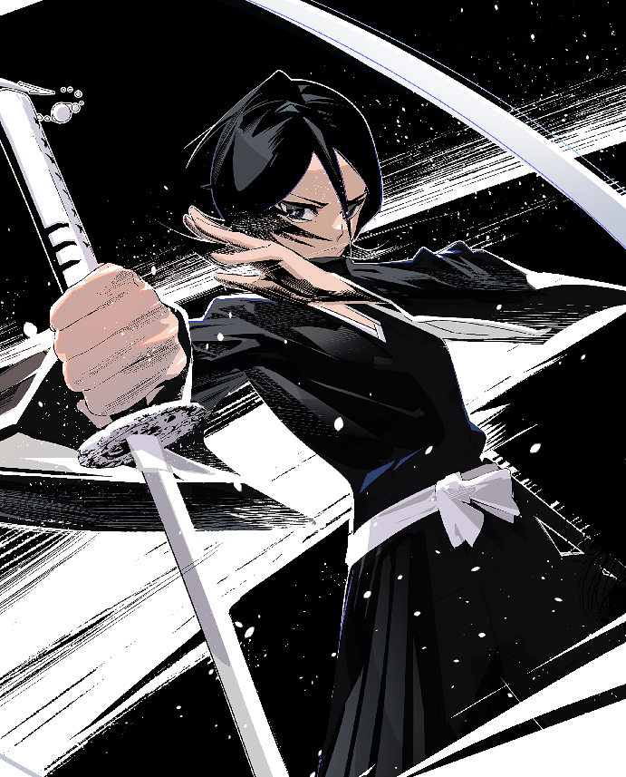 1girl belt black_eyes black_hair black_kimono bleach breasts cofffee hair_between_eyes holding holding_sword holding_weapon incoming_attack japanese_clothes katana kimono kuchiki_rukia looking_at_viewer motion_lines short_hair small_breasts solo standing sword weapon white_belt wide_sleeves