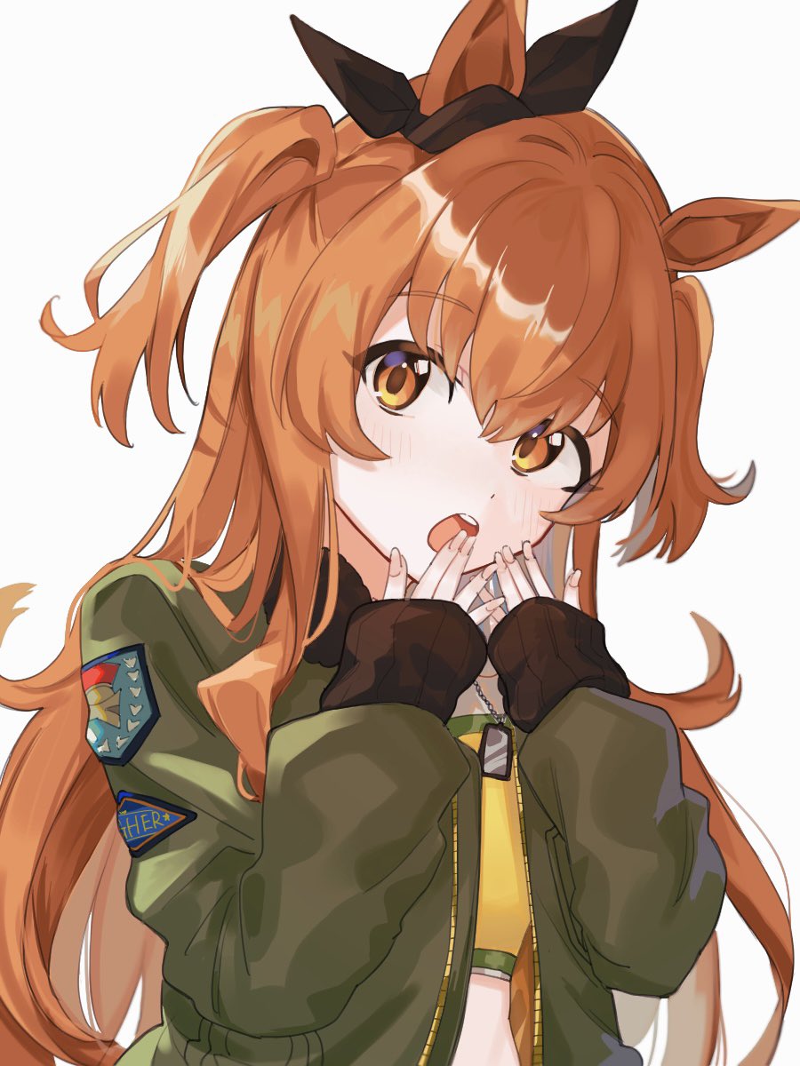 1girl animal_ears bangs blush bomber_jacket coi_uota crop_top dog_tags gasp green_jacket hands_up highres horse_ears jacket long_hair looking_at_viewer mayano_top_gun_(umamusume) open_clothes open_jacket open_mouth orange_eyes orange_hair sleeves_past_wrists solo teeth two_side_up umamusume upper_body upper_teeth