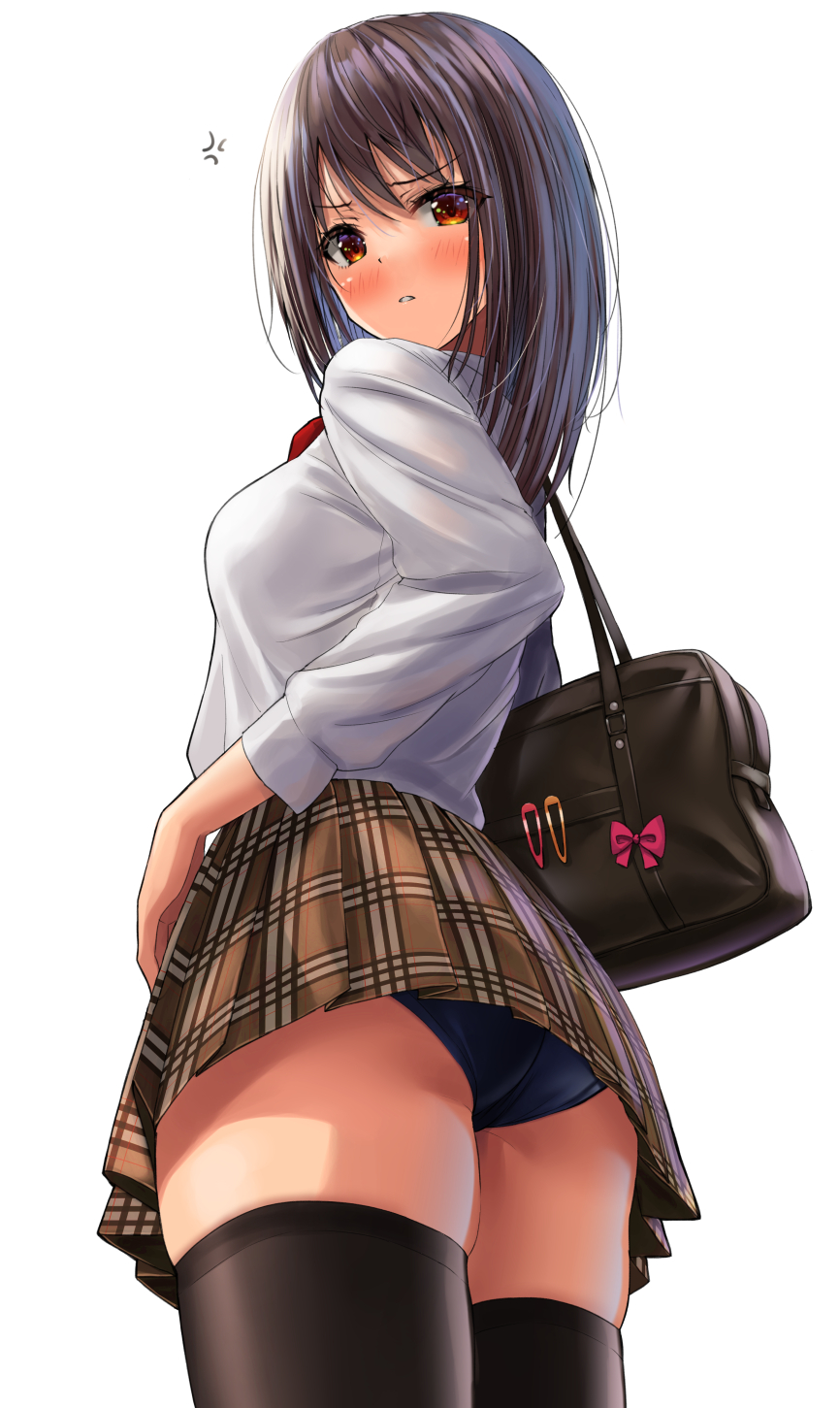 1girl anger_vein ass bag black_buruma black_legwear blush bow breasts brown_hair brown_skirt buruma cowboy_shot eyebrows_visible_through_hair hand_on_hip highres long_hair long_sleeves medium_breasts miniskirt original parted_lips pink_bow plaid plaid_skirt pleated_skirt red_eyes school_bag school_uniform shirt simple_background skindentation skirt solo thigh-highs upskirt v-shaped_eyebrows white_background white_shirt yukemuriganmo