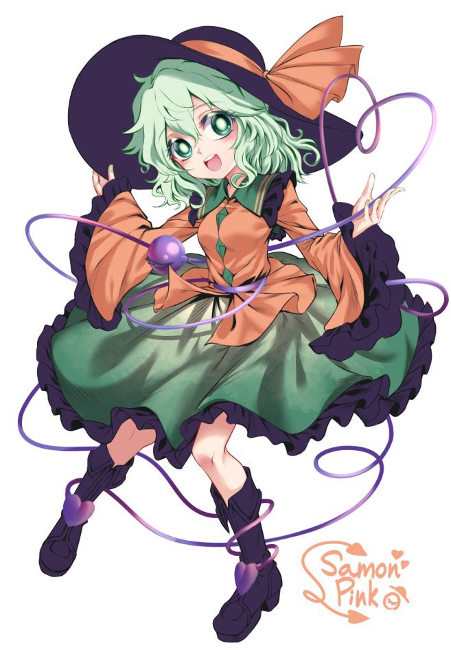 1girl :d black_footwear black_headwear blush boots bow frilled_shirt_collar frilled_sleeves frills full_body green_eyes green_hair green_skirt hair_between_eyes hat heart heart_of_string komeiji_koishi long_sleeves looking_at_viewer nomayo open_mouth ribbon shirt short_hair skirt smile solo third_eye touhou wide_sleeves yellow_shirt