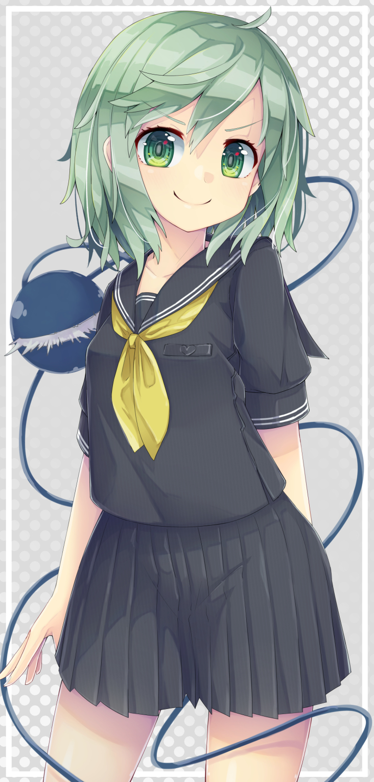 1girl alternate_costume black_sailor_collar black_skirt blush closed_mouth collarbone cowboy_shot eyeball green_eyes green_hair hair_between_eyes highres komeiji_koishi neckerchief pleated_skirt sailor_collar short_hair short_sleeves skirt smile solo third_eye touhou uumaru yellow_neckerchief