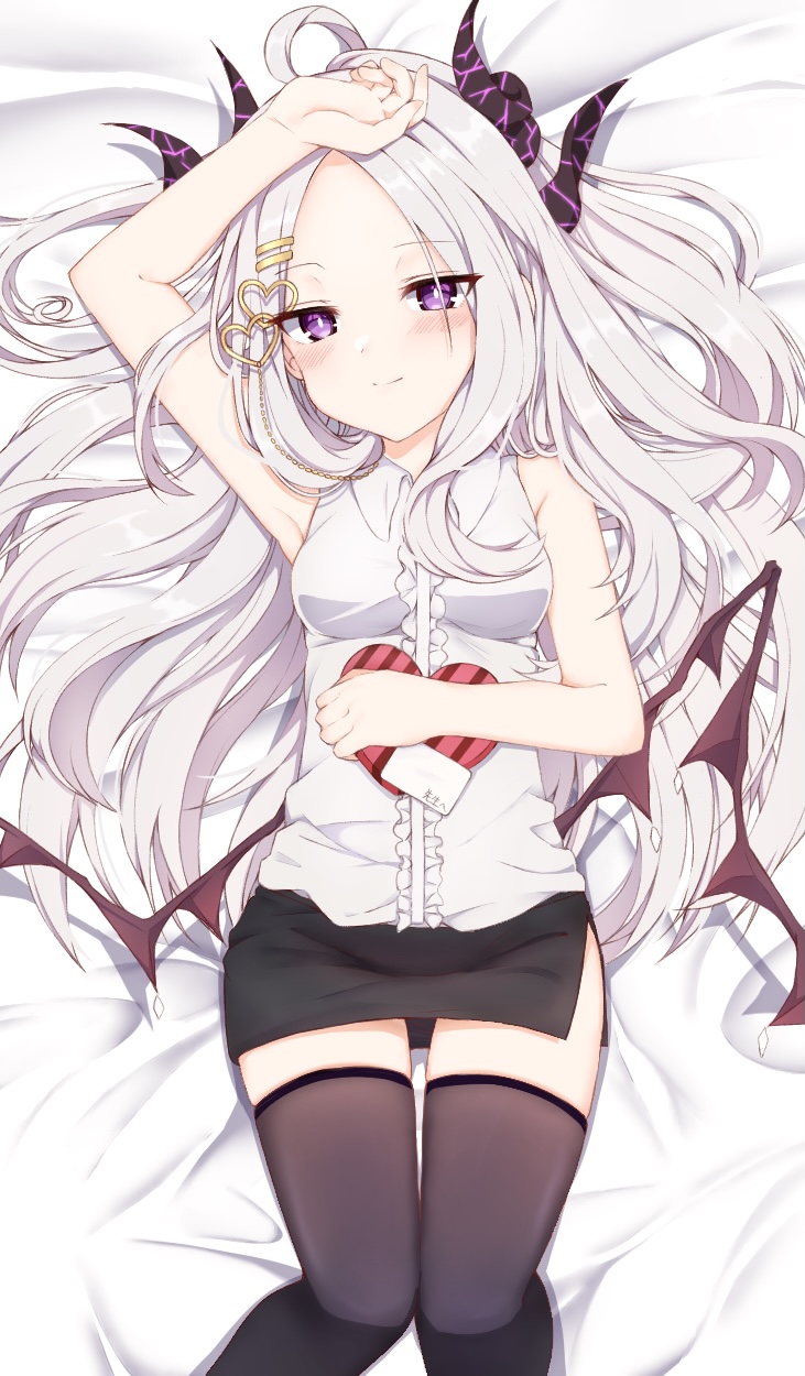 1girl 2znccl5zyryix2i ahoge arm_up armpits bangs bed_sheet black_legwear black_skirt blue_archive box commentary_request demon_girl demon_horns demon_wings eyebrows_visible_through_hair eyes_visible_through_hair forehead from_above gift gift_box hair_ornament hairclip heart-shaped_box highres hina_(blue_archive) holding holding_gift horns knees_together_feet_apart legs_up long_hair looking_at_viewer looking_up lying on_back parted_bangs shirt side_slit sidelocks simple_background skirt sleeveless solo valentine violet_eyes white_hair white_shirt wings