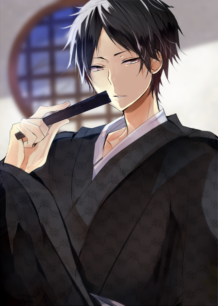 1boy akaashi_keiji black_hair brown_eyes collarbone haikyuu!! hand_fan holding indoors japanese_clothes kimono looking_at_viewer male_focus paper_fan poni_(rito) print_kimono short_hair sitting