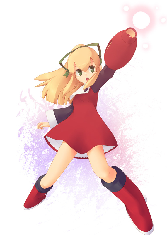 1girl arm_cannon blonde_hair boots dress eyebrows_visible_through_hair full_body green_eyes green_ribbon hair_ribbon kirishima_satoshi long_hair long_sleeves looking_at_viewer mega_man_(classic) mega_man_(series) open_mouth ponytail red_dress red_skirt ribbon roll_(mega_man) simple_background skirt solo weapon white_background