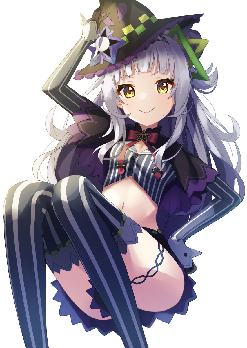 1girl bangs black_capelet black_gloves black_headwear black_legwear black_shirt bow bowtie breasts capelet closed_mouth crop_top feet_out_of_frame gloves grey_hair hair_bun hair_ornament hat highres hololive long_hair long_sleeves looking_at_viewer midriff miniskirt murasaki_shion navel red_bow red_bowtie shirt simple_background skirt small_breasts smile solo striped striped_legwear striped_shirt thigh-highs thigh_strap v-shaped_eyebrows vertical-striped_legwear vertical-striped_shirt vertical_stripes virtual_youtuber white_background win_opz witch_hat yellow_eyes