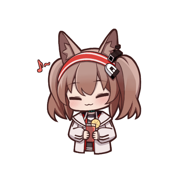 +_+ 1girl :3 angelina_(arknights) animal_ears arknights black_collar black_shirt brown_hair chibi closed_eyes collar cropped_torso cup drink earpiece eighth_note food fox_ears fruit hairband happy holding holding_cup holding_drink infection_monitor_(arknights) jacket lemon lemon_slice long_hair lxjun_09 musical_note open_clothes open_jacket red_hairband shirt simple_background solo sparkle striped striped_hairband twintails upper_body white_background white_jacket