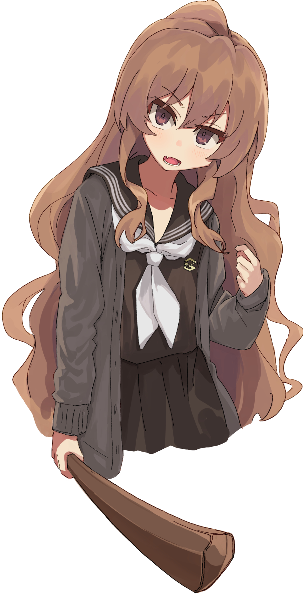 1girl aisaka_taiga bangs black_sailor_collar black_serafuku bokken brown_eyes brown_hair cardigan commentary einya0000 eyebrows_visible_through_hair fang grey_cardigan hair_between_eyes hand_up head_tilt highres holding holding_sword holding_weapon light_blush long_hair long_sleeves looking_at_viewer neckerchief open_mouth pleated_skirt sailor_collar school_uniform serafuku simple_background skirt solo sword teeth toradora! weapon white_background white_neckerchief wooden_sword