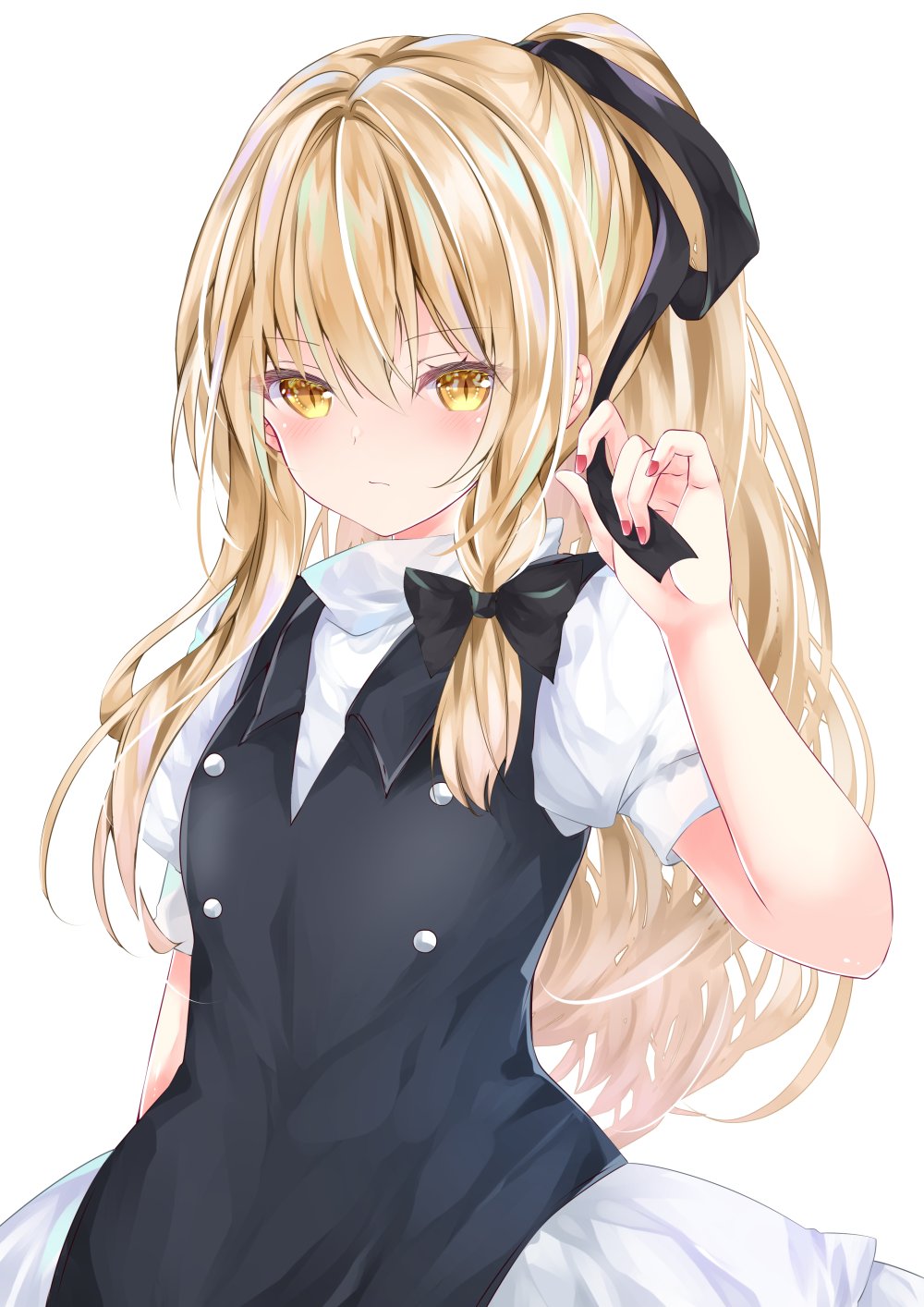 1girl :/ alternate_hairstyle bangs black_bow black_ribbon black_vest blonde_hair blush bow braid collared_vest commentary expressionless eyebrows_visible_through_hair hair_between_eyes hair_bow hair_ribbon highres holding holding_ribbon kirisame_marisa long_hair looking_at_viewer nanase_nao no_hat no_headwear ponytail puffy_short_sleeves puffy_sleeves red_nails ribbon shirt short_sleeves slit_pupils solo touhou upper_body vest white_background white_shirt yellow_eyes