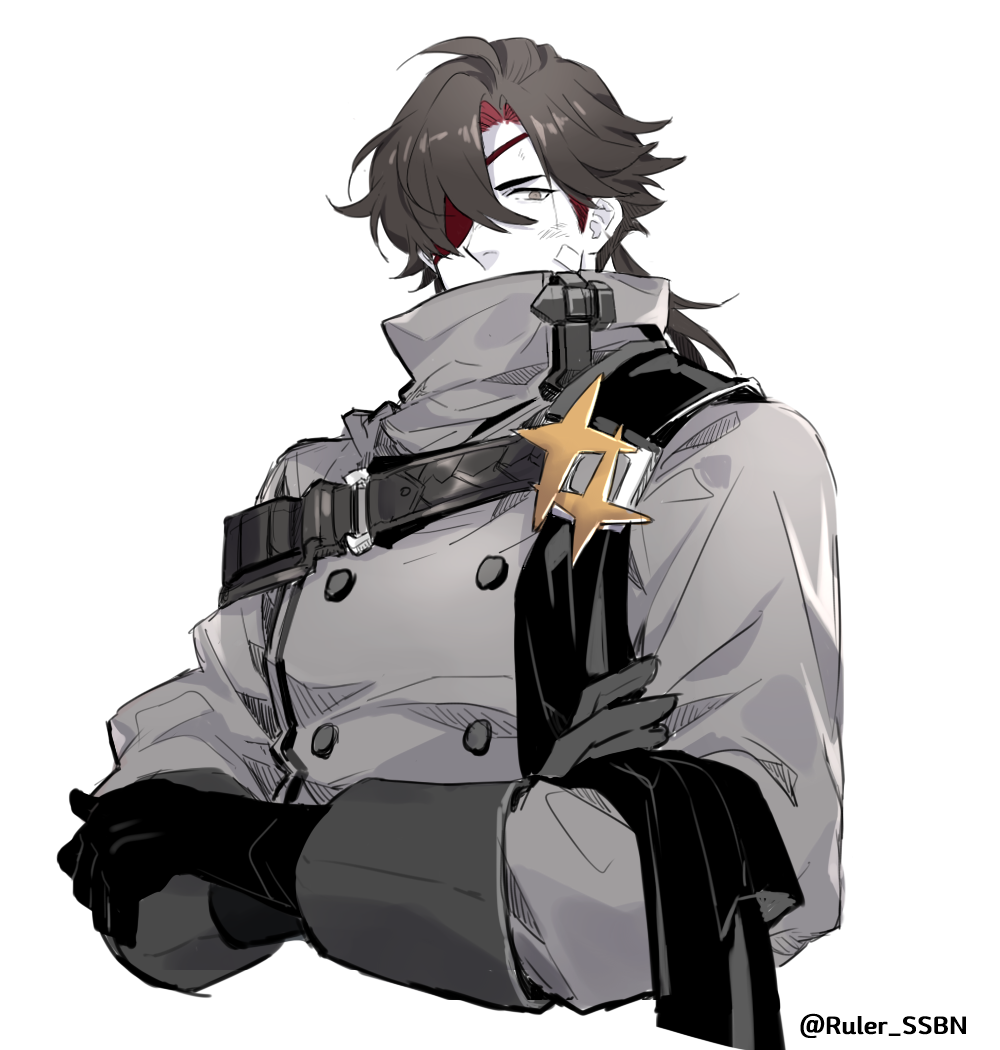 1boy alchemy_stars alternate_costume asymmetrical_gloves badge bandaid bandaid_on_face black_gloves brown_hair bruise buttons colored_inner_hair covered_mouth cropped_torso crossover double-breasted eucild eyepatch gloves grey_gloves grey_jacket high_collar injury jacket long_hair long_sleeves male_focus mismatched_gloves multicolored_hair roy_(alchemy_stars) simple_background solo twitter_username upper_body white_background