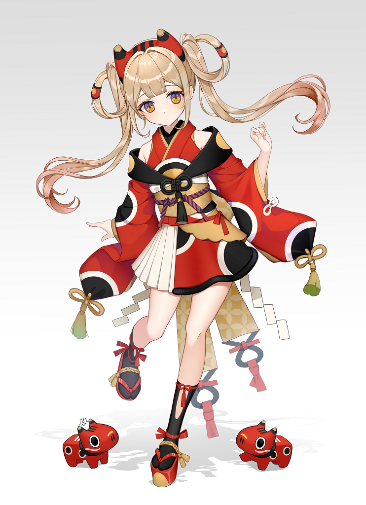 1girl ankle_strap bangs black_legwear closed_mouth hair_rings japanese_clothes kimono kimono_skirt leg_ribbon light_brown_hair long_hair long_sleeves looking_at_viewer obi okobo original red_footwear ribbon sash shide solo standing standing_on_one_leg tagme tassel twintails usamochi. yellow_eyes