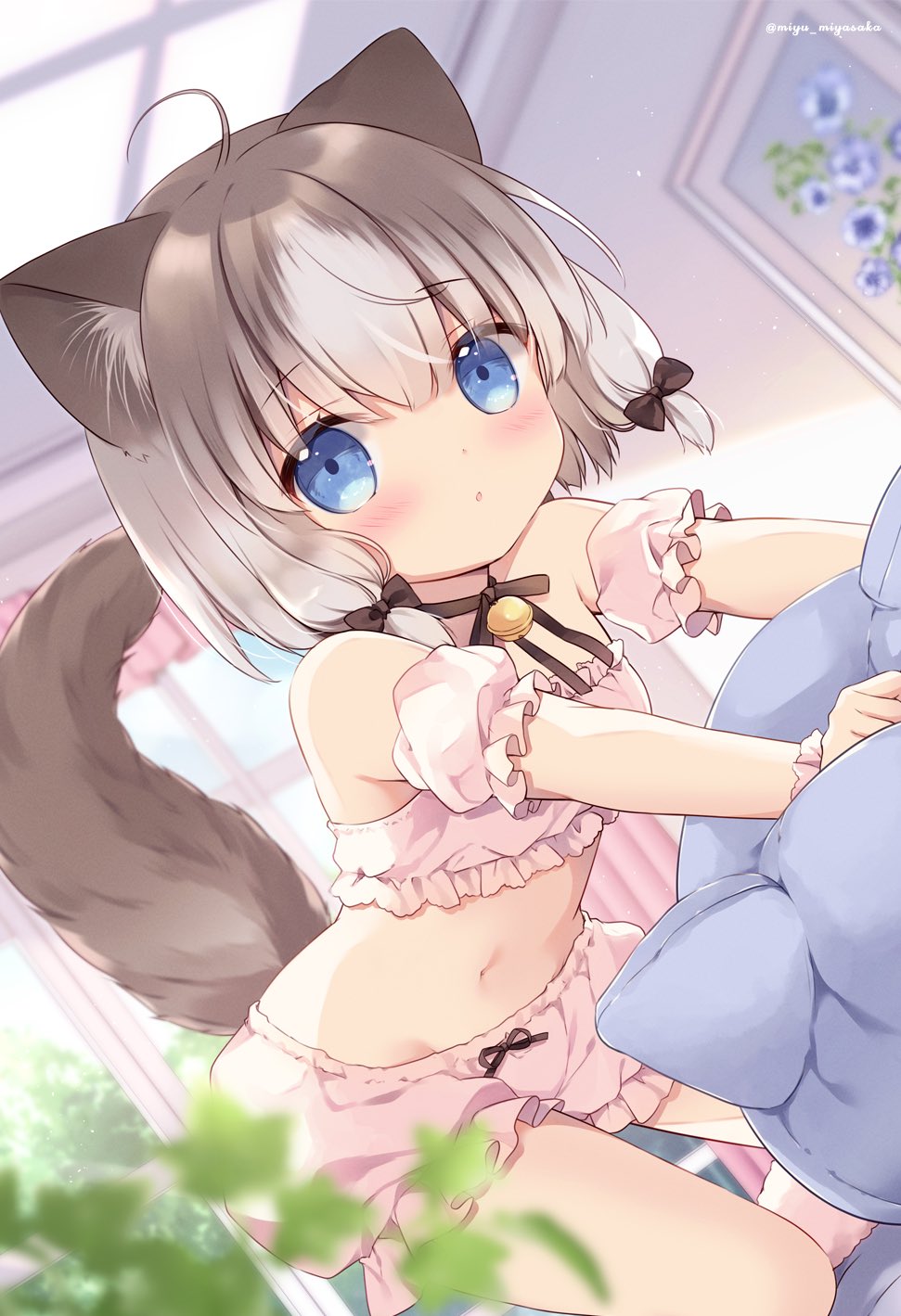 1girl all_fours animal_ears bell bloomers blue_eyes brown_hair cat_ears cat_girl cat_tail choker gradient_hair grey_hair highres low_twintails miyasaka_miyu multicolored_hair neck_bell original parted_lips tail twintails underwear