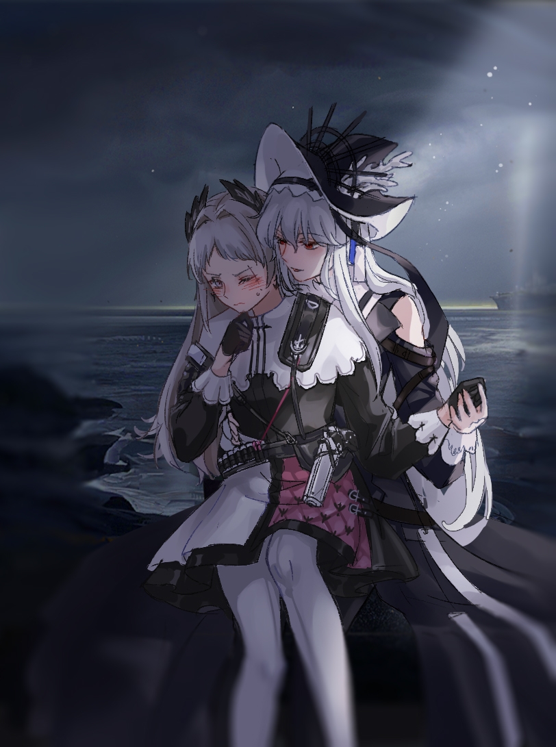 2girls ;( arknights arm_around_waist bangs bare_shoulders belt black_dress black_gloves black_headwear black_shirt blush capelet closed_mouth clouds cloudy_sky day dress earrings embarrassed eyebrows_visible_through_hair feet_out_of_frame gloves grey_eyes grey_hair gun hand_on_own_chin head_wings holding_hands horizon irene_(arknights) jewelry light_rays long_hair long_sleeves multiple_girls ocean one_eye_closed outdoors pantyhose parted_lips purple_skirt red_eyes scar scar_across_eye scar_on_face ship shirt sitting skirt sky slms_(slms4) smile specter_(arknights) sunbeam sunlight sweatdrop very_long_hair water watercraft weapon white_capelet white_hair white_legwear white_skirt yuri