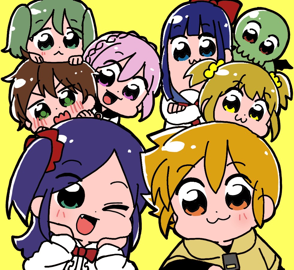 1boy 6+girls :&lt; :3 :d bangs bat_wings black_sleeves blonde_hair blue_eyes blue_hair blue_sailor_collar blunt_bangs blush bow bowtie brown_eyes brown_hair closed_mouth colored_skin commentary_request creator_connection cthulhu_(poptepipic) eis_hrmski eyebrows_visible_through_hair fang fumii_kokoro green_eyes green_hair green_skin hair_between_eyes hair_bow hair_ornament hair_scrunchie hanamoto_tenka hands_on_another's_head hands_on_own_cheeks hands_on_own_face honey_come_chatka!! hood hoodie hyper_ultra_girlish komikado_sachi long_hair looking_at_another looking_at_viewer multiple_girls neckerchief one_eye_closed open_mouth orange_eyes pink_hair pipimi poptepipic popuko red_bow red_neckerchief sailor_collar school_uniform scrunchie serafuku shirt short_hair short_twintails side_ponytail sidelocks simple_background smile swept_bangs takahashi_mei tayo twintails violet_eyes white_shirt wings yellow_background yellow_eyes yellow_hoodie yellow_scrunchie zipper