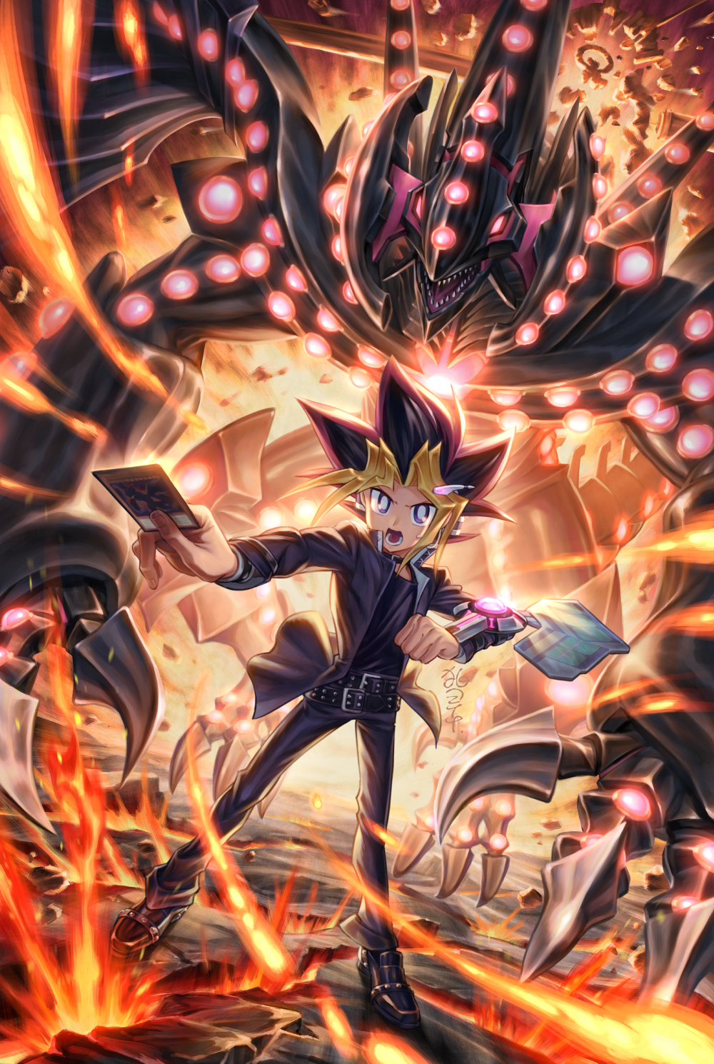 1boy belt black_belt black_hair blonde_hair bright_pupils card clenched_hand commentary_request duel_disk duel_monster fire gandora-x_the_dragon_of_demolition highres holding holding_card jacket koma_yoichi lower_teeth male_focus mutou_yuugi open_clothes open_jacket open_mouth pants rock school_uniform shirt shoes spiky_hair standing teeth tongue white_pupils yu-gi-oh! yu-gi-oh!_duel_monsters yu-gi-oh!_the_dark_side_of_dimensions