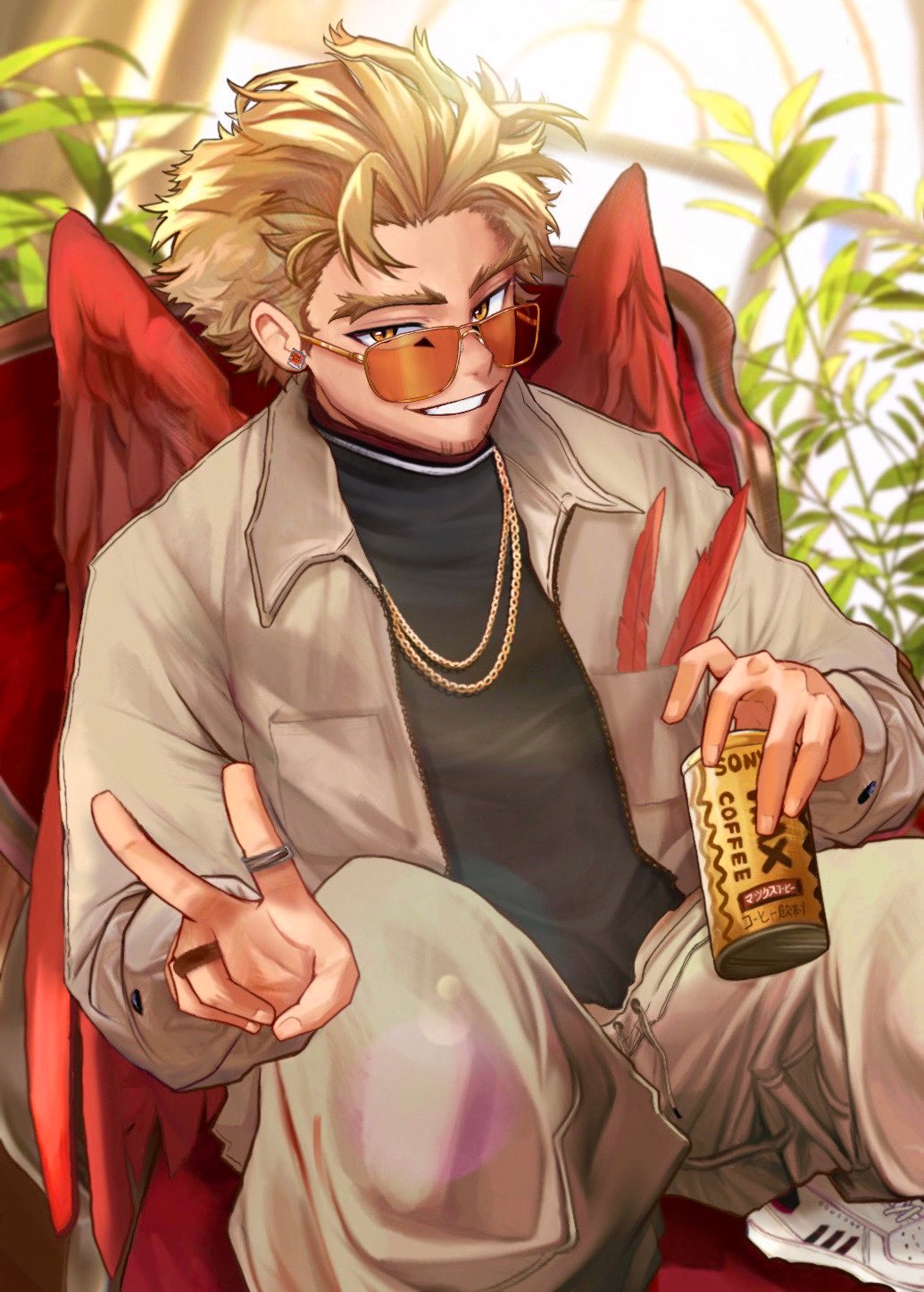 1boy alternate_costume black_shirt blonde_hair boku_no_hero_academia can canned_coffee commentary drink earrings english_commentary facial_hair facial_mark feathered_wings grey_jacket grey_pants hawks_(boku_no_hero_academia) highres holding holding_can jacket jewelry long_sleeves looking_at_viewer male_focus necklace orange-tinted_eyewear pants plant red_feathers red_wings ring shirt shoes short_hair smile sneakers solo sony_(gaysony) squatting sunglasses tinted_eyewear v white_footwear wings yellow_eyes