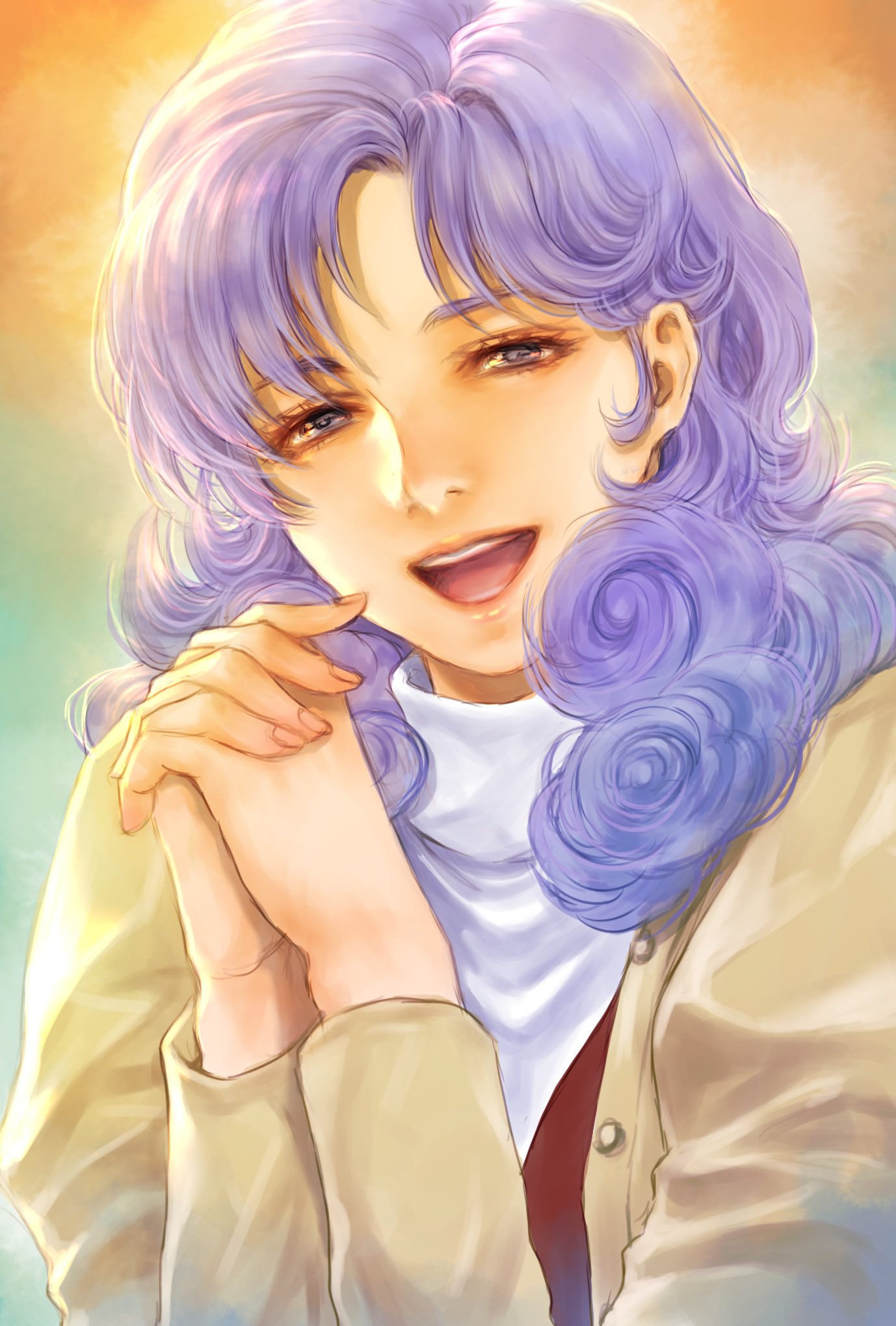 1girl brown_jacket eyebrows_behind_hair gundam hair_behind_ear highres jacket long_hair open_mouth own_hands_clasped own_hands_together portrait purple_hair red_vest rosamia_badam smile solo sweater takeda_yuuko turtleneck turtleneck_sweater vest violet_eyes white_sweater zeta_gundam