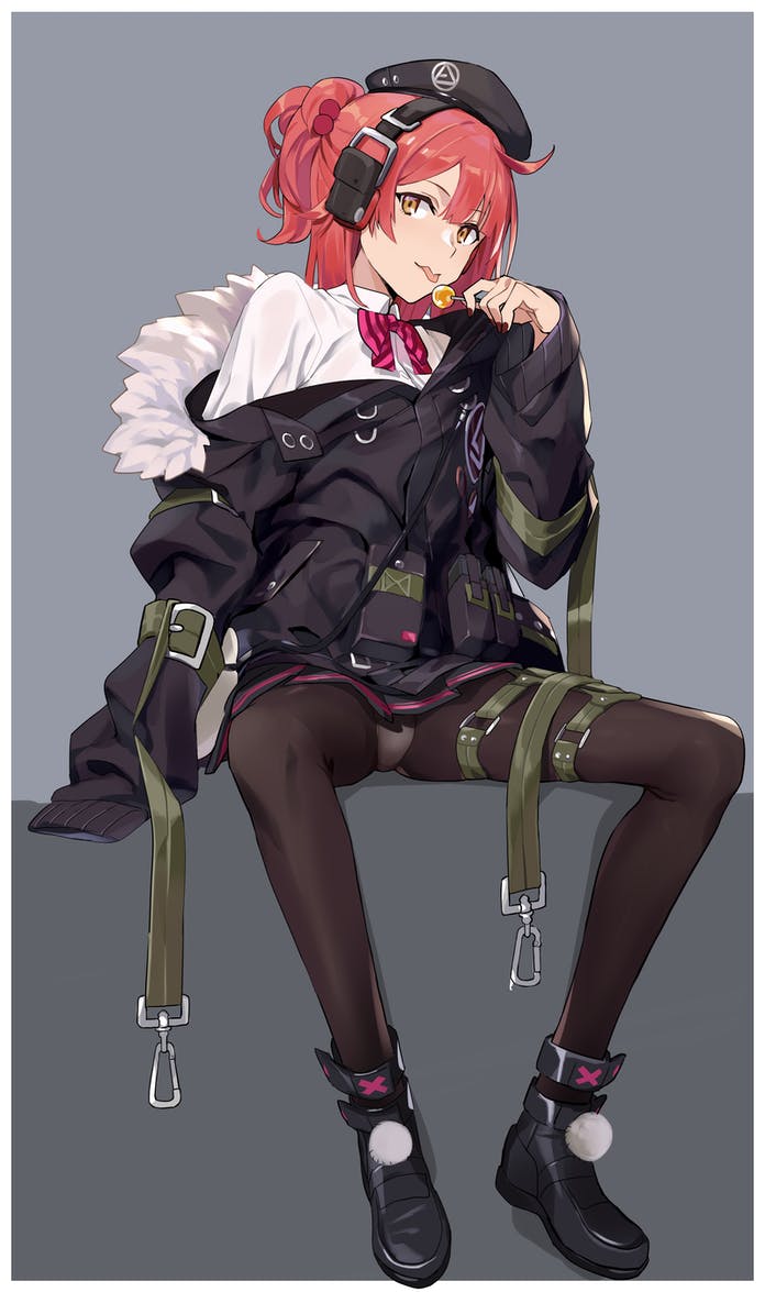 1girl ahoge beret candy commission food fur_trim girls_frontline hat headset licking lollipop medium_hair mp7_(girls'_frontline) ningen_(ningen96) off_shoulder orange_eyes panties panties_under_pantyhose pantyhose pantyshot pom_pom_(clothes) red_nails redhead side_ponytail sitting skeb_commission solo spread_legs tongue underwear