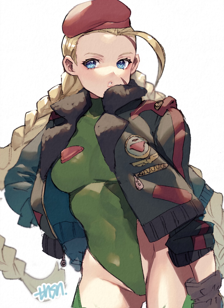 1girl ahoge aqua_eyes beret blonde_hair blurry blurry_background bomber_jacket braid breasts cammy_white commentary_request depth_of_field gloves green_leotard hat highleg highleg_leotard highres huge_ahoge jacket leotard long_braid long_hair long_sleeves looking_at_viewer murata_tefu open_clothes open_jacket ringed_eyes scar simple_background solo street_fighter thong_leotard twin_braids unzipped white_background