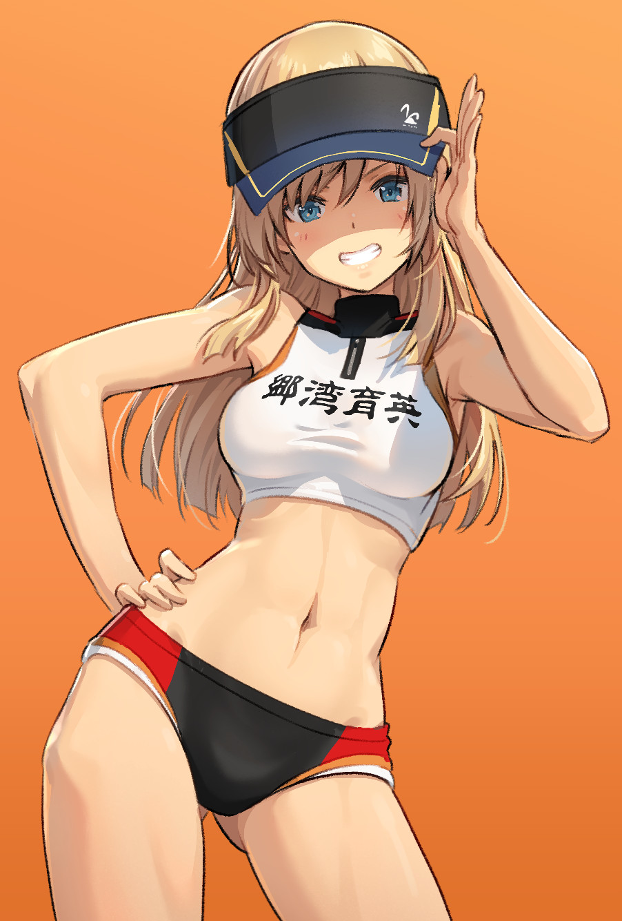 1girl alice_gear_aegis blonde_hair blue_eyes blush character_request cowboy_shot gradient gradient_background hand_on_hip hat highres holding holding_clothes holding_hat long_hair looking_at_viewer midriff navel orange_background pinakes shaded_face smile solo sports_bra sports_panties sportswear virginia_glynnberets