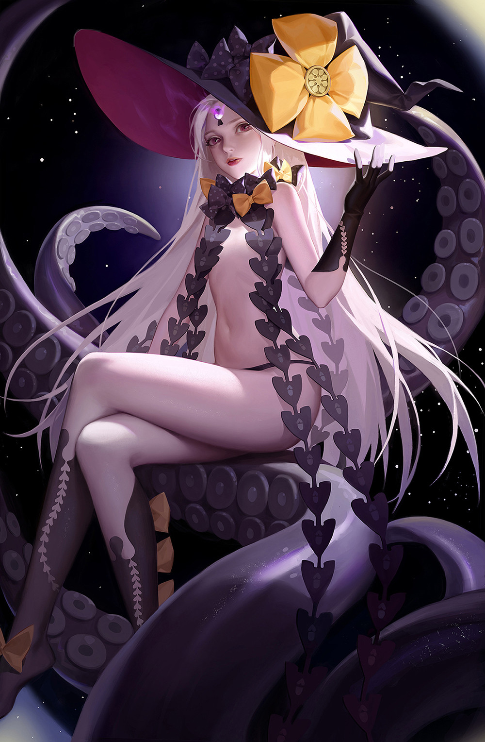 1girl abigail_williams_(third_ascension)_(fate) aura bare_shoulders black_bow black_gloves black_headwear black_legwear black_panties bow breasts crossed_legs eyelashes fate/grand_order fate_(series) feet_out_of_frame ginxiee gloves hand_on_headwear hat hat_bow highres keyhole kneehighs light_particles long_hair looking_at_viewer navel orange_bow pale_skin panties parted_lips polka_dot polka_dot_bow red_eyes red_lips sitting solo tentacles two-sided_fabric two-sided_headwear underwear very_long_hair white_hair witch_hat