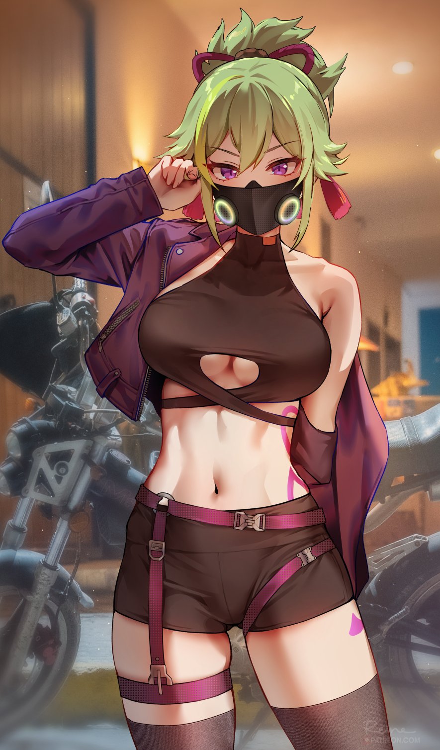 1girl arm_behind_back bangs belt black_legwear black_mask black_shorts blurry blurry_background breasts clothing_cutout collarbone commentary covered_collarbone cowboy_shot cropped_jacket eyebrows_visible_through_hair foxyreine genshin_impact green_hair ground_vehicle hair_between_eyes hand_up highres indoors jacket kuki_shinobu large_breasts long_sleeves looking_at_viewer motor_vehicle motorcycle navel o-ring open_clothes open_jacket patreon_logo patreon_username rope shimenawa short_shorts shorts signature single_bare_shoulder skindentation solo standing tassel thigh-highs thighs toned under_boob underboob_cutout violet_eyes web_address zipper zipper_pull_tab