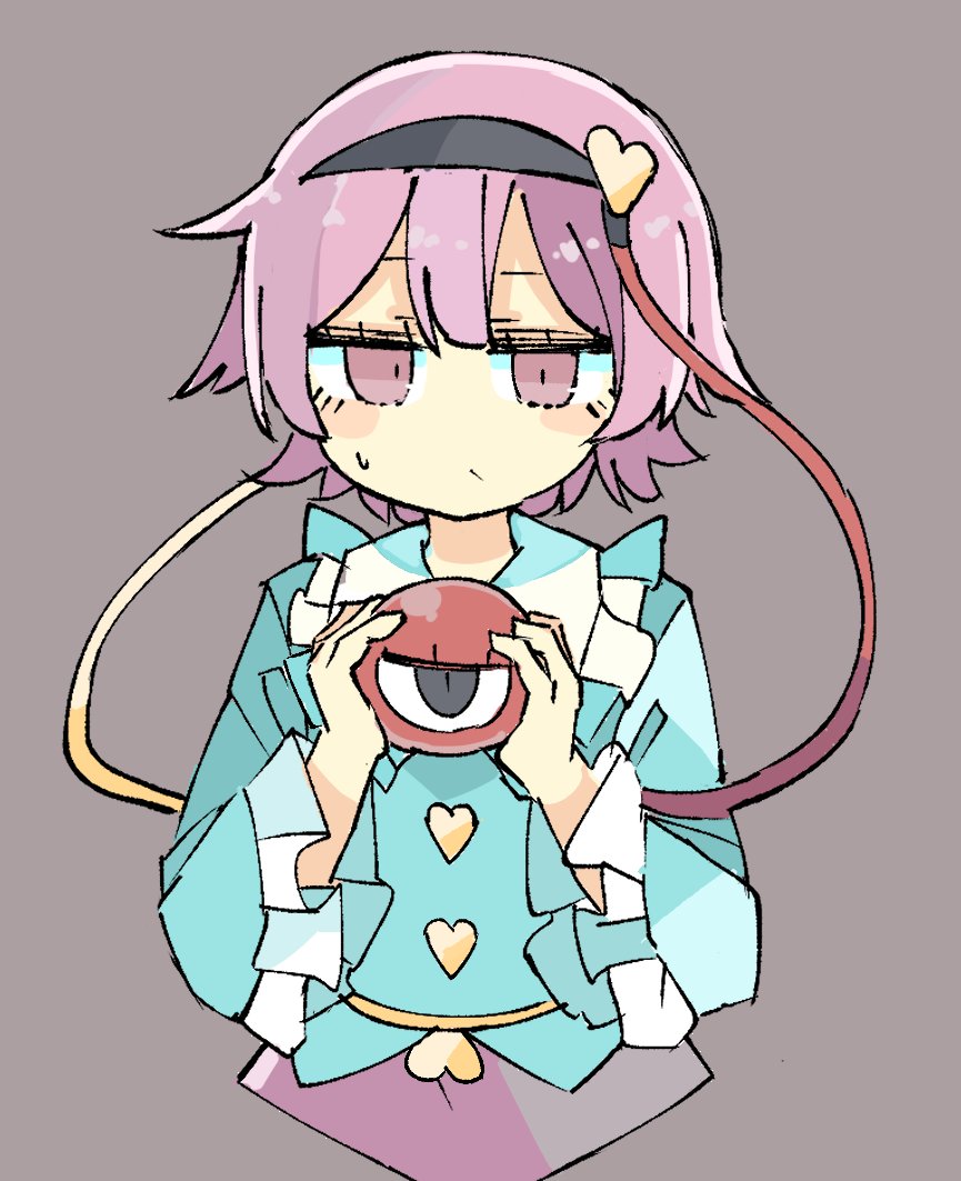 1girl :/ baron_(x5qgeh) black_eyes black_hairband blouse blue_shirt blush_stickers buttons closed_mouth cropped_torso frilled_shirt_collar frilled_sleeves frills grey_background hair_ornament hairband hands_up heart heart_button heart_hair_ornament holding komeiji_satori long_sleeves looking_at_viewer pink_eyes pink_hair pink_skirt shirt short_hair simple_background skirt solo sweatdrop symbol-only_commentary third_eye touhou wide_sleeves