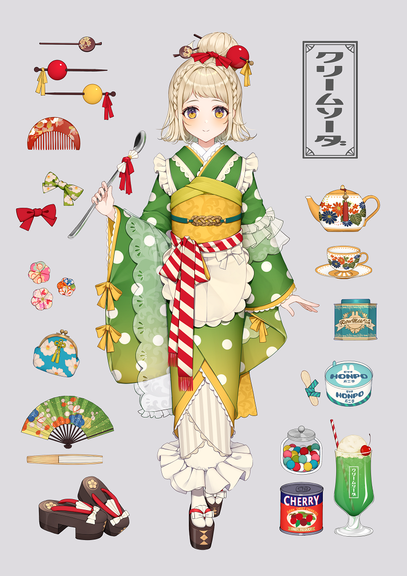 1girl arm_at_side bow braid cherry closed_mouth comb cup drinking_glass drinking_straw folding_fan food fruit full_body geta grey_background hair_bun hair_ornament hair_stick hand_fan hand_up holding holding_spoon ice_cream ice_cream_float japanese_clothes kimono light_blush light_brown_hair long_sleeves obi original sash saucer simple_background smile socks solo spoon tabi teacup teapot usamochi. white_legwear yellow_eyes