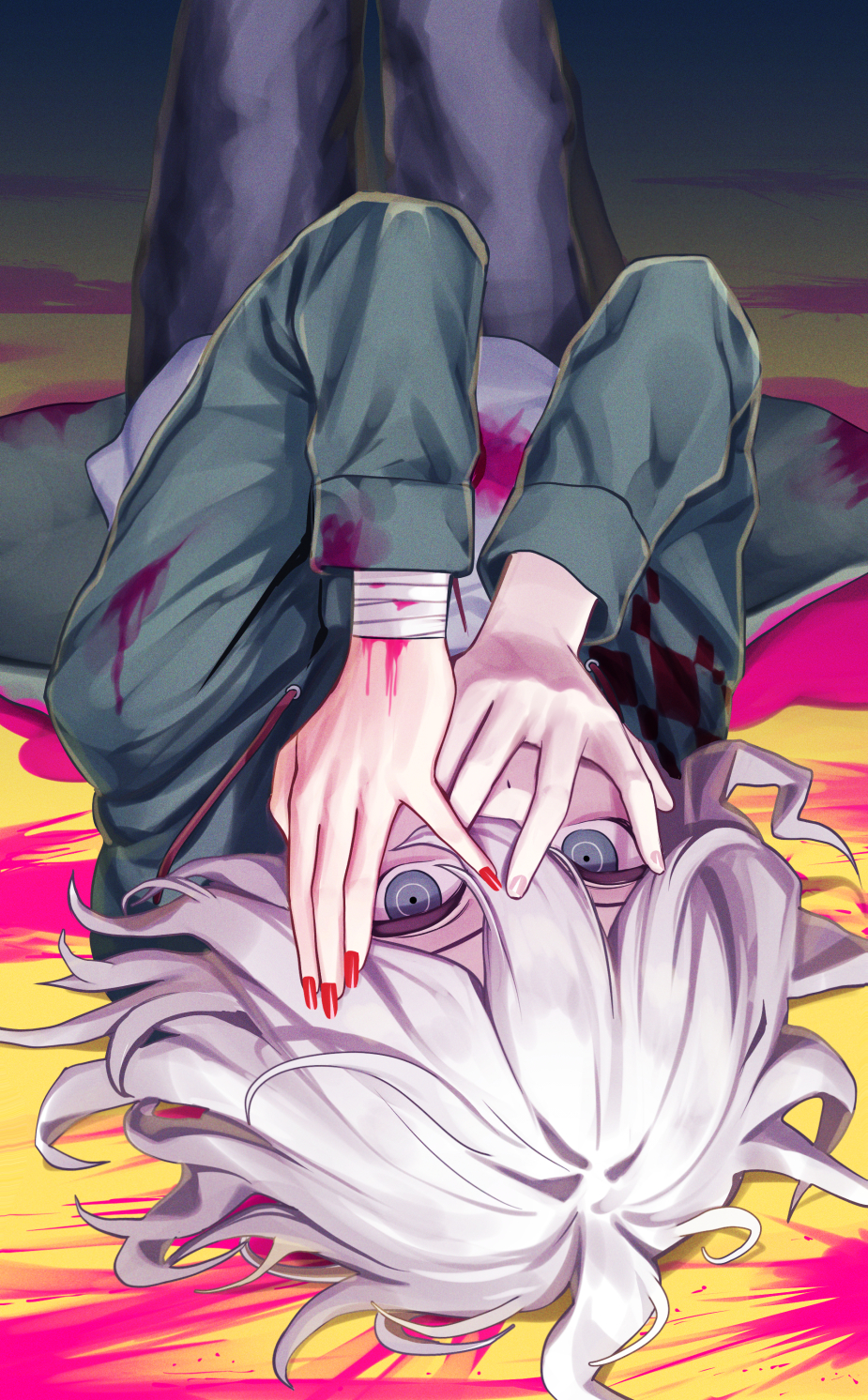 1boy bangs black_pants blood commentary_request danganronpa_(series) danganronpa_2:_goodbye_despair deadnooodles green_jacket grey_eyes grey_hair hair_between_eyes hands_on_own_face highres hood hooded_jacket jacket knees_up komaeda_nagito long_sleeves looking_at_viewer lying male_focus medium_hair messy_hair on_back open_clothes open_jacket pants pink_blood red_nails shiny shiny_hair shirt solo white_shirt yellow_background