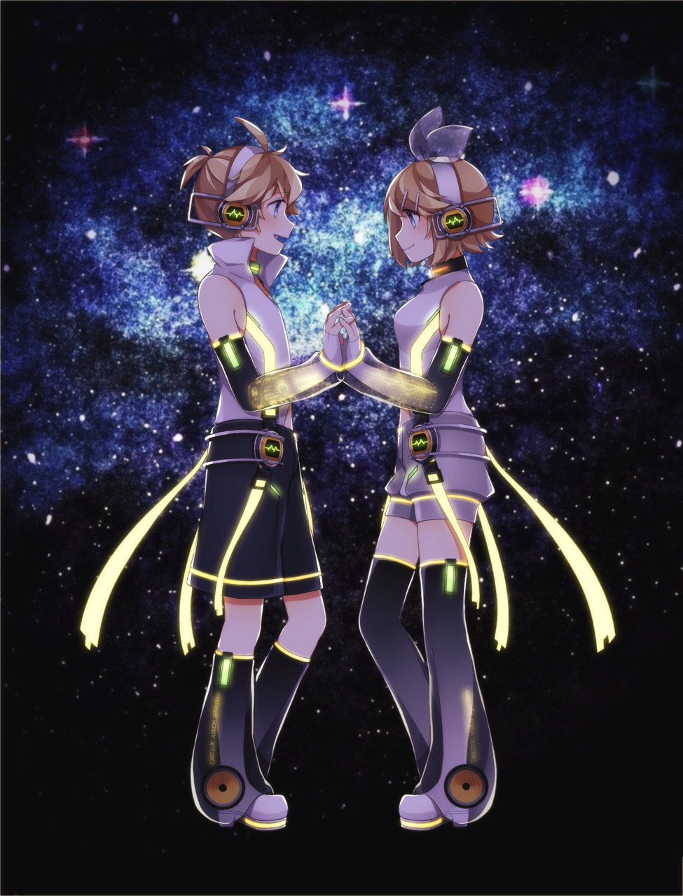 1boy 1girl ahoge audio_visualizer bangs black_footwear black_shorts black_sleeves blonde_hair blue_eyes boots bow brother_and_sister choker commentary_request detached_sleeves floating glowing_clothes gradient gradient_sleeves hair_bow hairband headphones highres holding_hands kagamine_len kagamine_len_(append) kagamine_rin kagamine_rin_(append) knee_boots long_sleeves neon_trim omachi_mozu see-through see-through_sleeves shirt short_hair shorts siblings space thigh-highs thigh_boots vocaloid vocaloid_append white_bow white_hairband white_shirt white_shorts