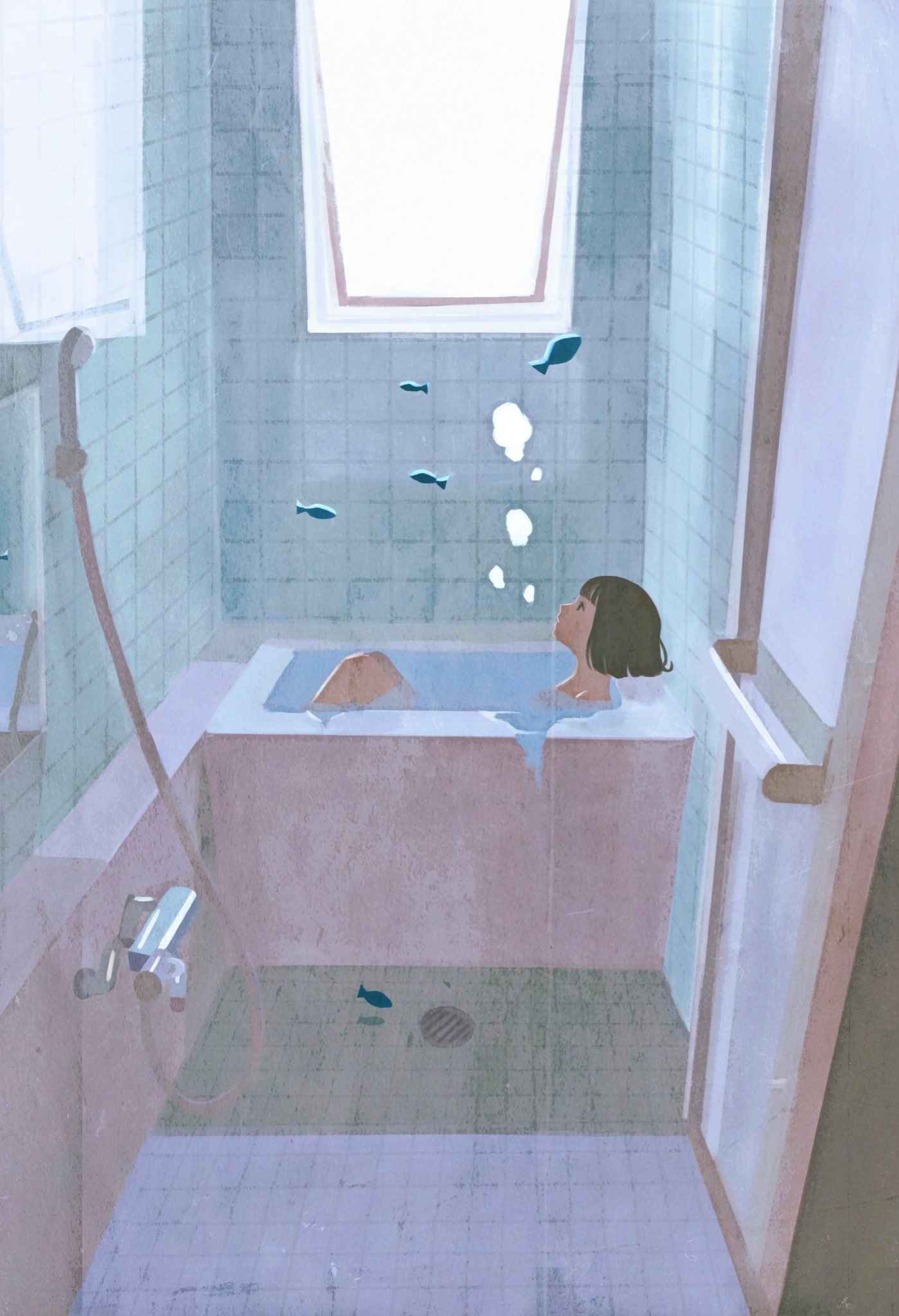 1girl air_bubble bangs bath bathroom bathtub black_hair blunt_bangs bob_cut bubble commentary_request day drain_(object) faucet fish flying_fish from_side highres indoors knee_up mikami_yui original partially_submerged profile short_hair shower_head sitting sliding_doors solo spilling surreal tile_wall tiles water window