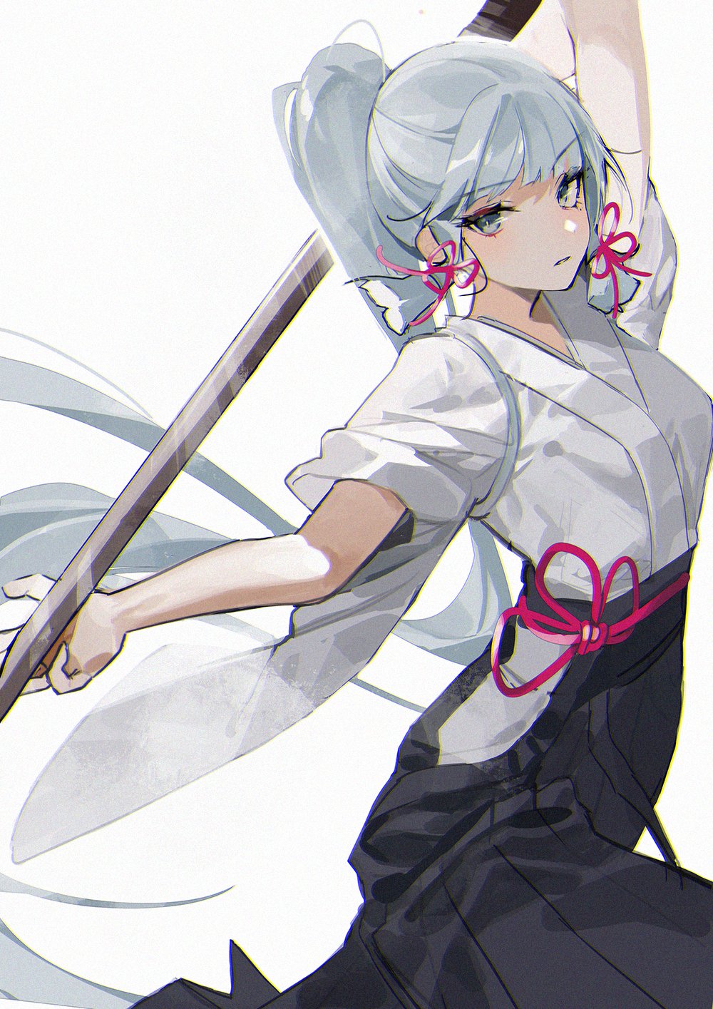 1girl alternate_costume arm_up black_hakama breasts commentary eyebrows_visible_through_hair feet_out_of_frame flower_knot genshin_impact grey_hair hair_ribbon hakama highres hip_vent holding holding_sword holding_weapon japanese_clothes kamisato_ayaka kimono light_blue_eyes long_hair looking_at_viewer mole mole_under_eye parted_lips pleated_skirt ponytail red_ribbon retty2706 ribbon shinai sidelocks simple_background skirt small_breasts solo standing sword v-shaped_eyebrows weapon white_background white_kimono