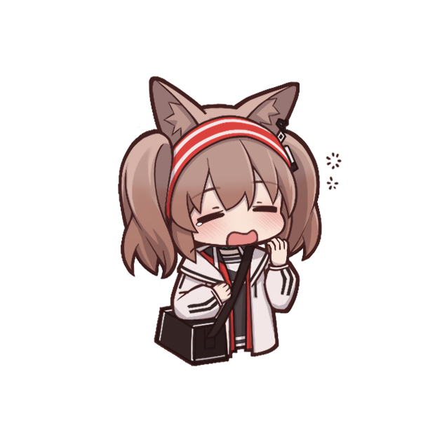 1girl angelina_(arknights) animal_ears arknights bag black_bag blush brown_hair chibi closed_eyes cropped_torso fox_ears hairband jacket long_hair long_sleeves lxjun_09 open_clothes open_jacket open_mouth red_hairband shoulder_bag sleep_bubble solo striped striped_hairband tearing_up twintails upper_body white_jacket yawning