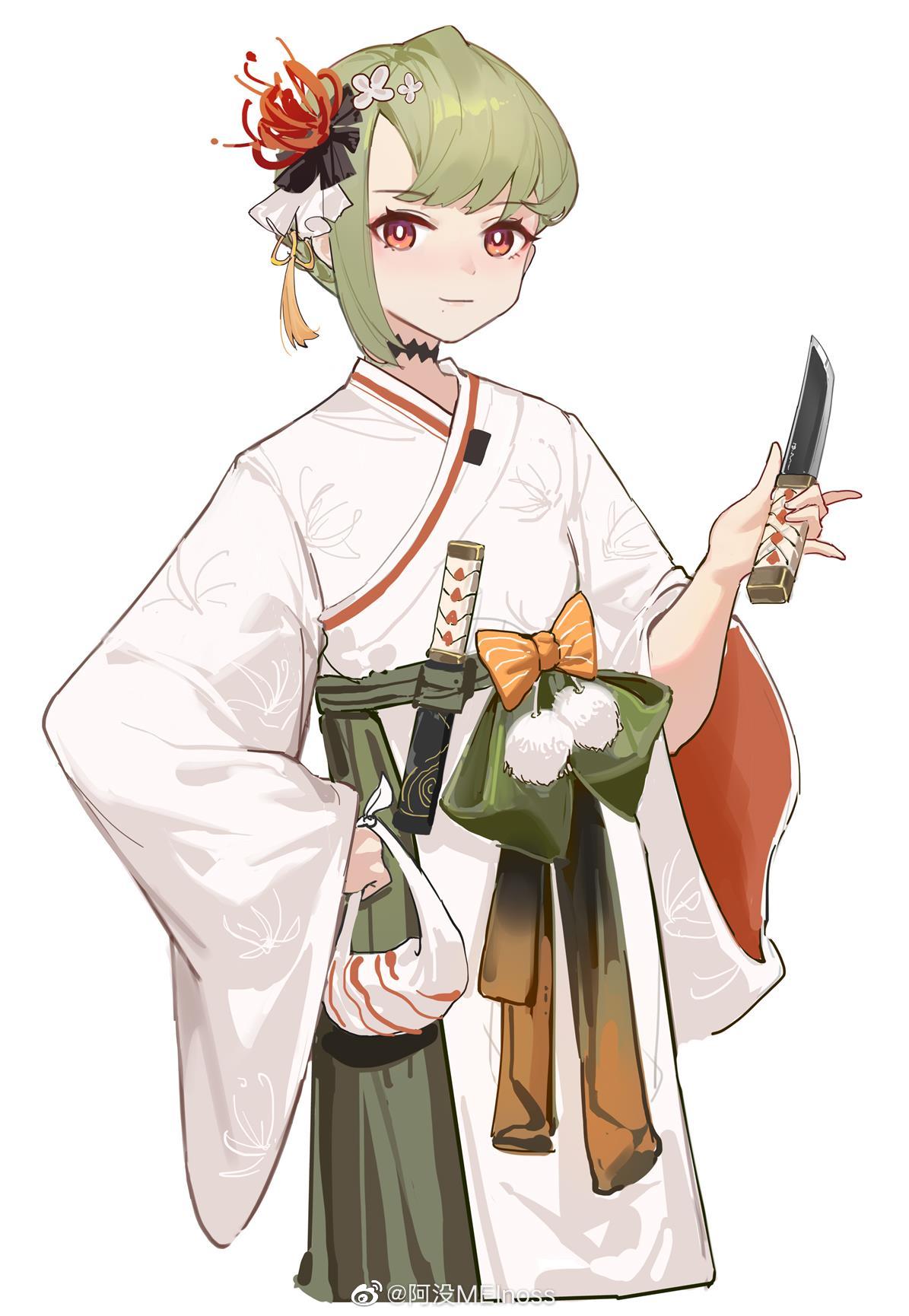 1girl bad_link bangs borrowed_character bow chinese_clothes closed_mouth flat_chest flower green_hair hair_flower hair_ornament hand_on_hip hand_up hanfu highres holding holding_knife knife light_blush long_sleeves looking_at_viewer meinoss mole mole_under_mouth orange_bow original pom_pom_(clothes) red_eyes simple_background solo spider_lily weibo_username white_background wide_sleeves