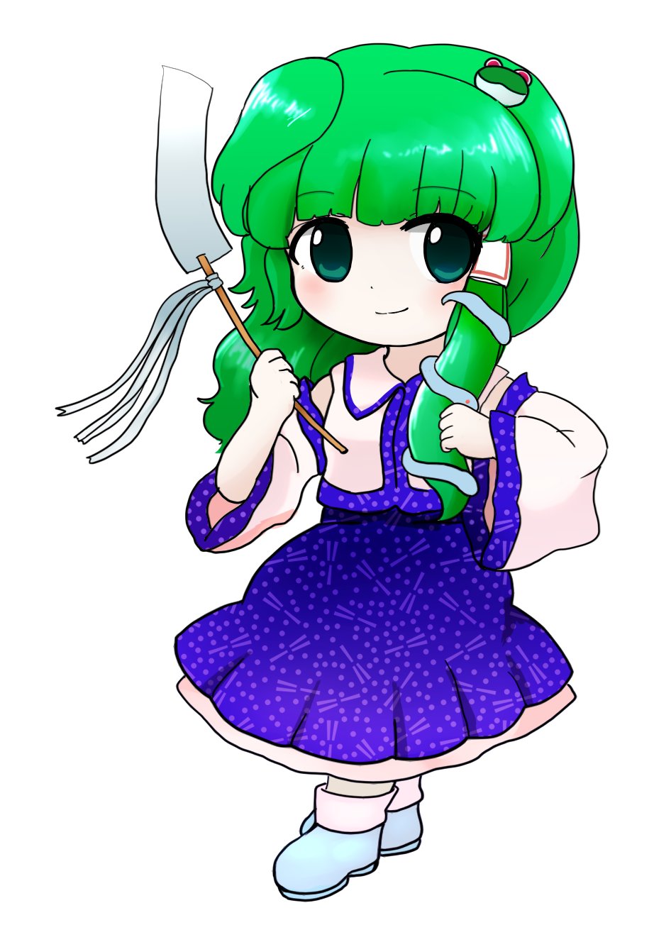 1girl blue_footwear blue_skirt chibi collared_shirt frog_hair_ornament gohei green_eyes green_hair hair_ornament hair_tubes highres kochiya_sanae long_hair nontraditional_miko rei_(tonbo0430) shirt shoes skirt sleeveless sleeveless_shirt smile snake_hair_ornament socks solo touhou white_shirt