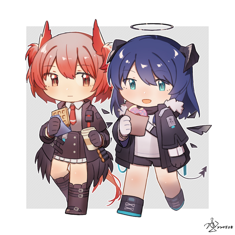 2girls :d arknights asymmetrical_gloves bangs black_footwear black_gloves black_jacket black_shorts black_skirt blue_eyes blue_hair boots chibi closed_mouth coffee_cup commentary cup detached_collar disposable_cup doughnut english_commentary eyebrows_visible_through_hair fiammetta_(arknights) food frilled_skirt frills gloves grey_background grey_wings hair_between_eyes halo holding holding_cup holding_food horns jacket long_hair long_sleeves mismatched_gloves mostima_(arknights) multiple_girls open_clothes open_jacket red_eyes redhead shirt short_shorts shorts signature skirt smile tail two-tone_background waffle walking white_background white_gloves white_shirt wings xin_lan