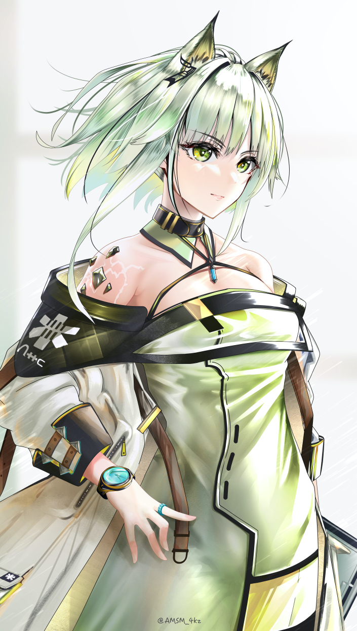 1girl animal_ear_fluff animal_ears arknights bangs bare_shoulders cat_ears closed_mouth coat collarbone commentary_request cowboy_shot detached_collar dress eyebrows_visible_through_hair green_dress green_eyes green_hair highres jewelry kal'tsit_(arknights) long_sleeves off_shoulder open_clothes open_coat oripathy_lesion_(arknights) ring short_hair simple_background smile solo twitter_username watch watch white_background white_coat yokaze_(yokajie)