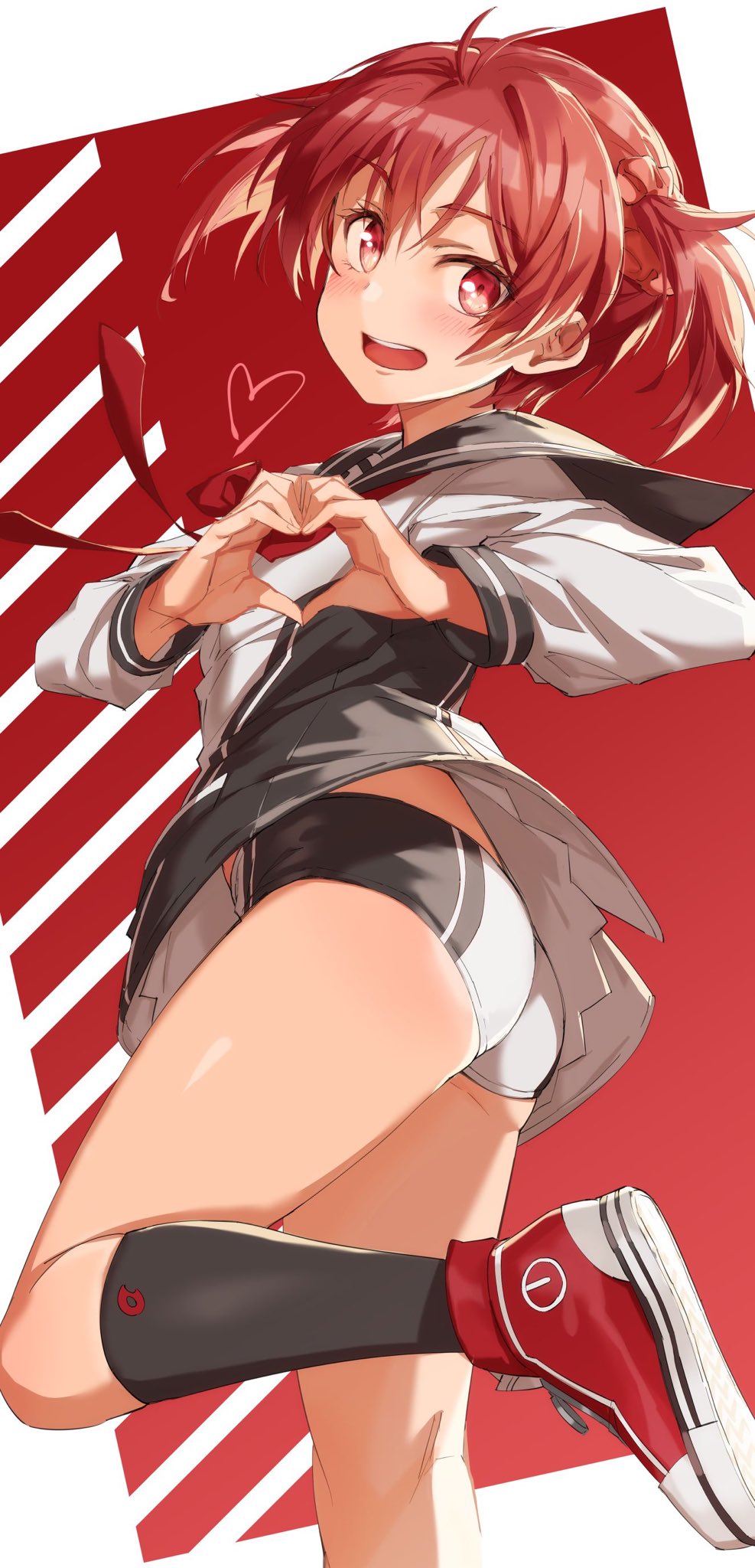 1girl :d ahoge ass bike_shorts black_legwear black_shorts black_skirt blush breasts commentary eyebrows_visible_through_hair foot_out_of_frame hair_between_eyes heart heart_hands highres isshiki_akane medium_hair michairu miniskirt neck_ribbon open_mouth red_background red_eyes red_footwear red_ribbon redhead ribbon sailor_collar school_uniform serafuku shirt shoes short_shorts short_twintails shorts simple_background skirt small_breasts smile sneakers socks solo standing standing_on_one_leg thighs twintails two-tone_shorts vividred_operation white_shirt white_shorts